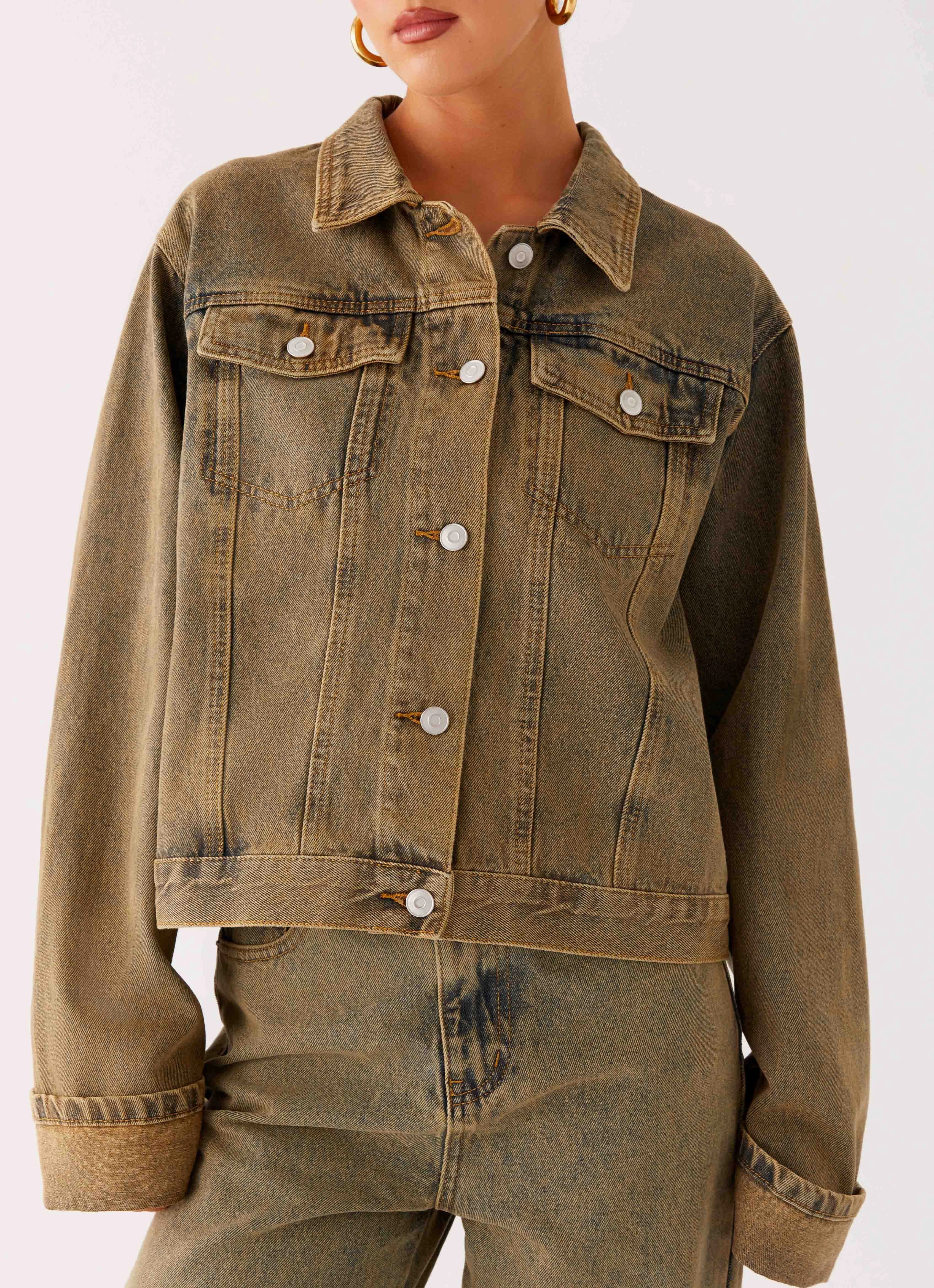 Back Again Oversized Denim Jacket - Brown Sand Wash Strong Zip