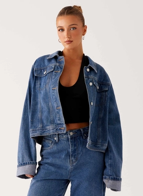 Back Again Oversized Denim Jacket - True Blue Pocket Details