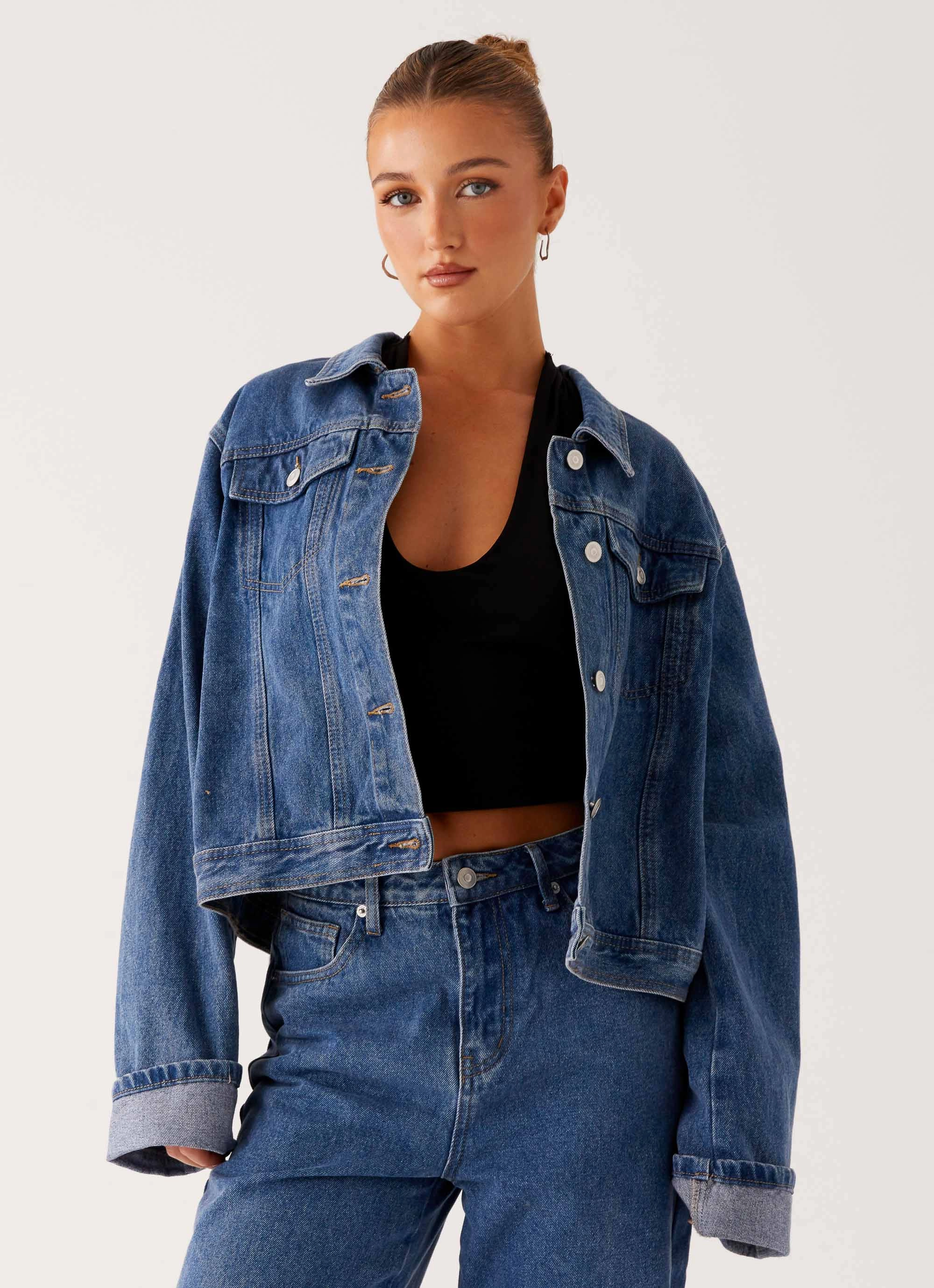 Back Again Oversized Denim Jacket - True Blue Pocket Details