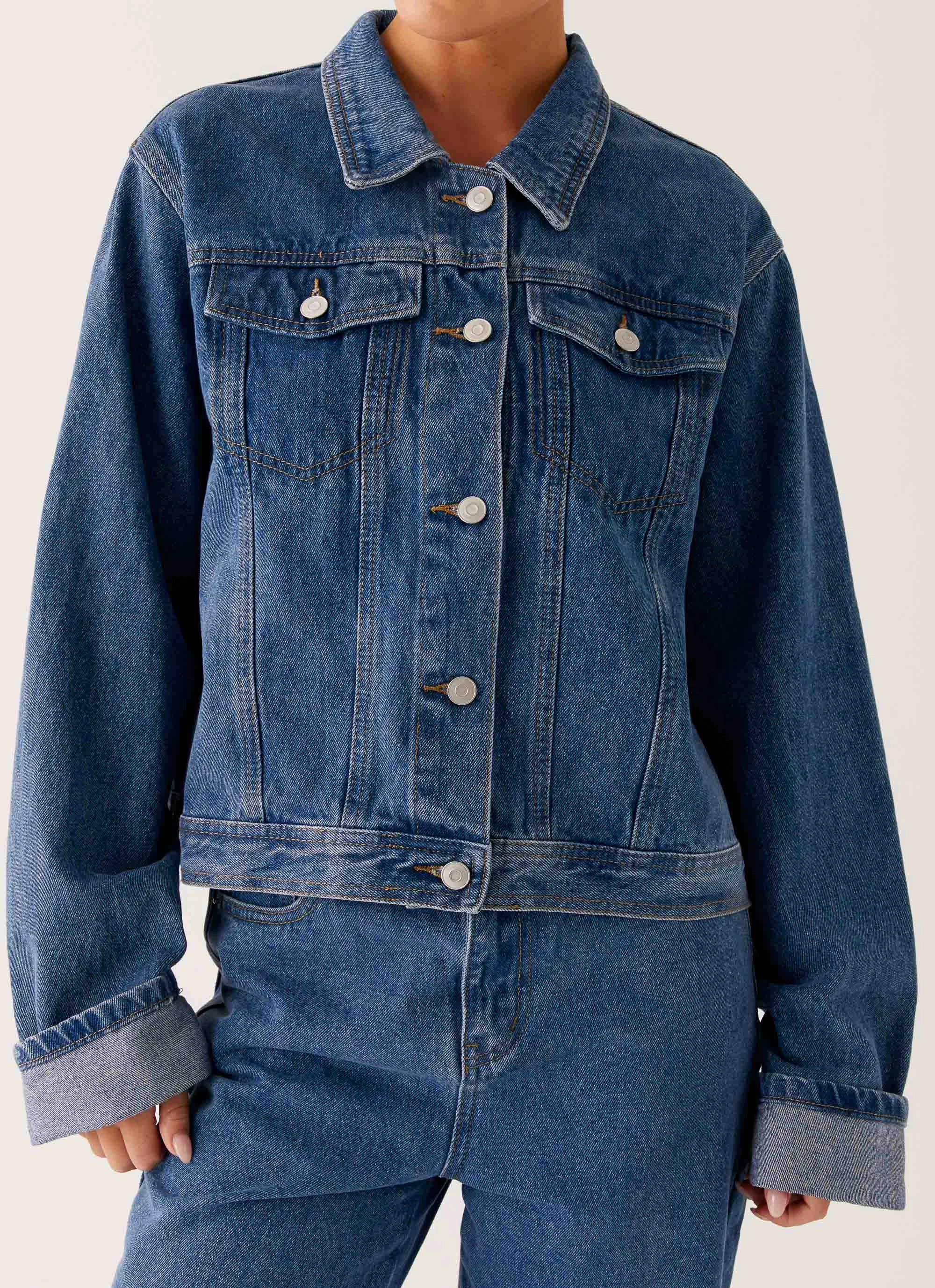 High Collar Windguard Back Again Oversized Denim Jacket - True Blue