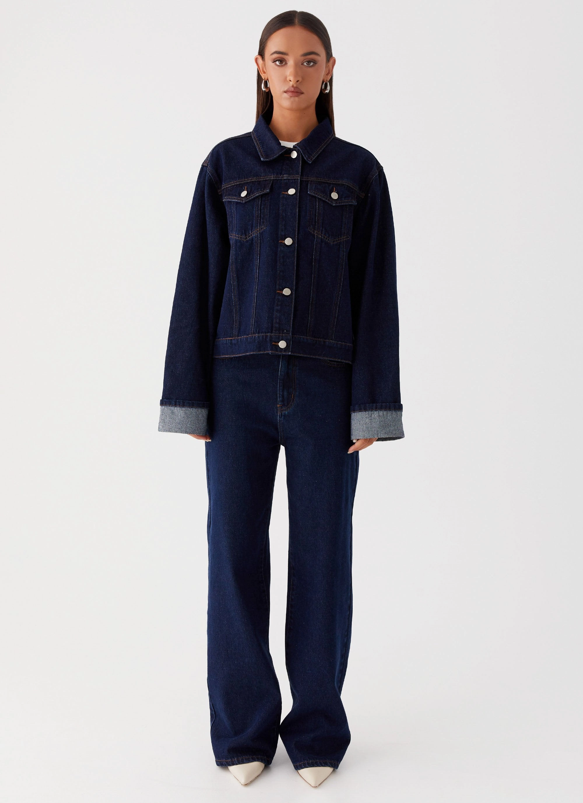 Shopping Day Street Fashion Textured Office Wear Couple Look Work Ready Back Again Straight Leg Denim Jeans - Blue