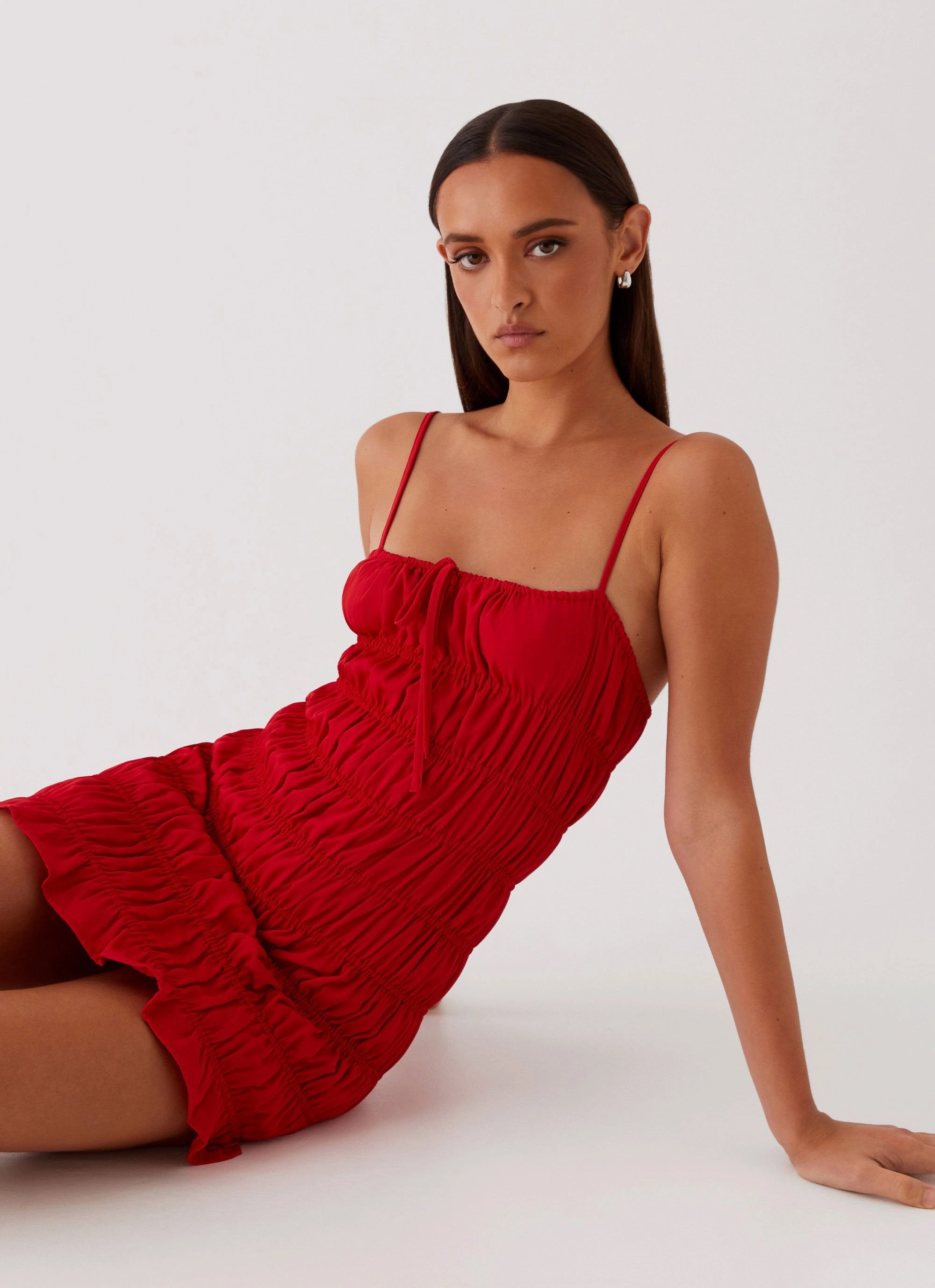 Part Timer Ruched Mini Dress - Red Draped Silhouette Neutral Feel