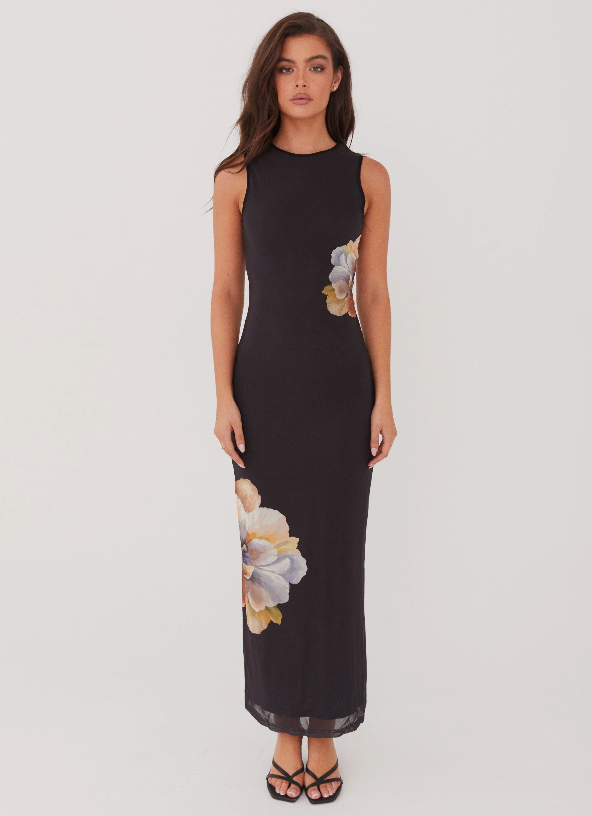 Side Effects Mesh Maxi Dress - Black Orchid Subtle Flow Theater-Night