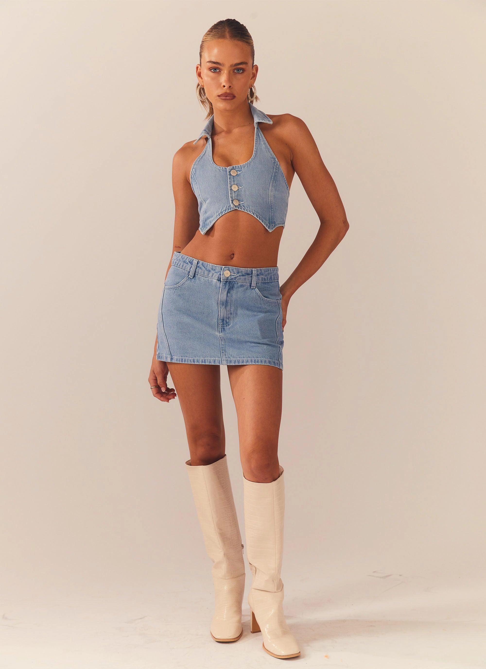 Two Tone Weave Backstage Pass Denim Vest top - Subdued Blue