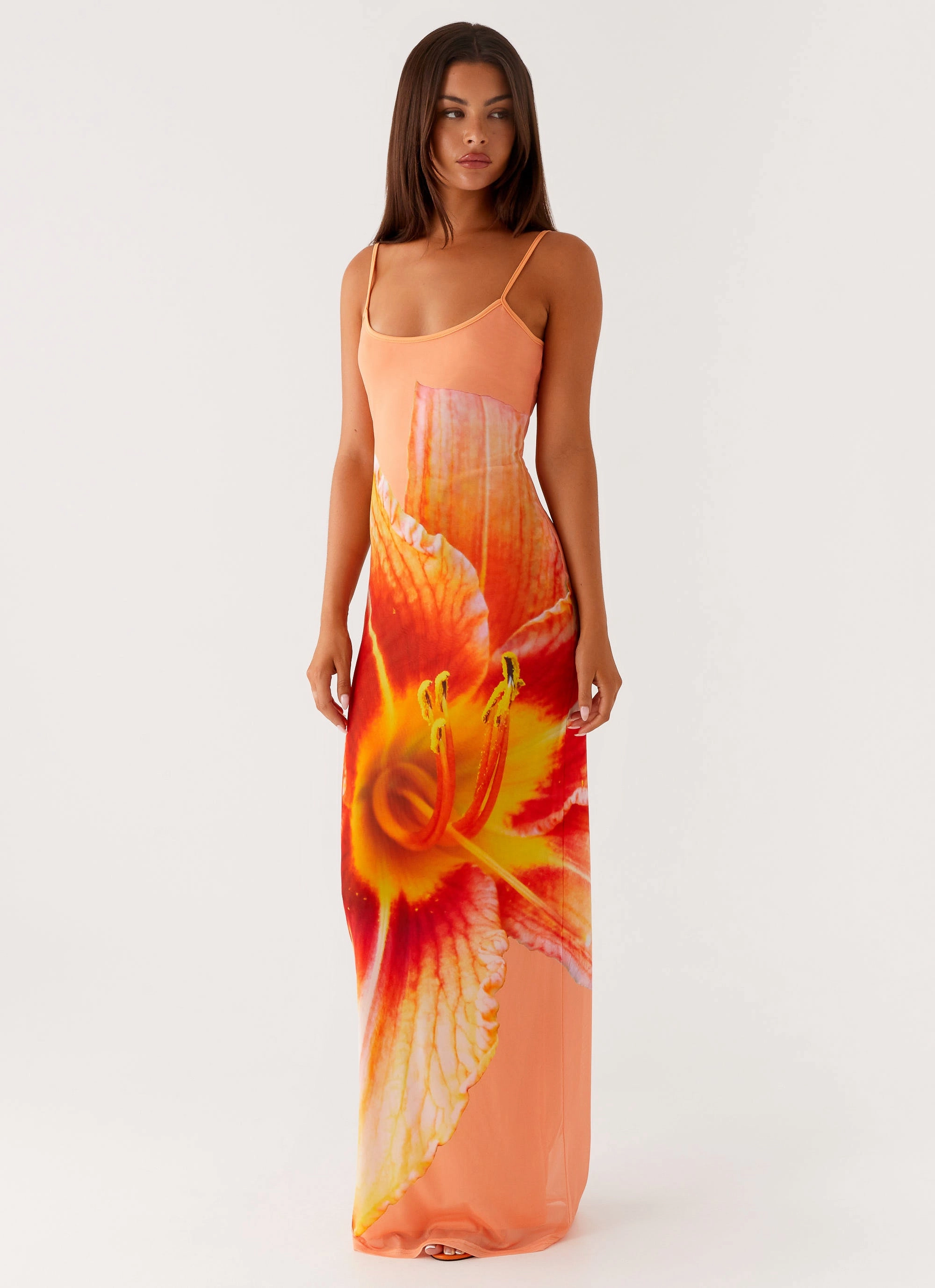Bad News Mesh Maxi Dress - Orange Floral Flattering Waist