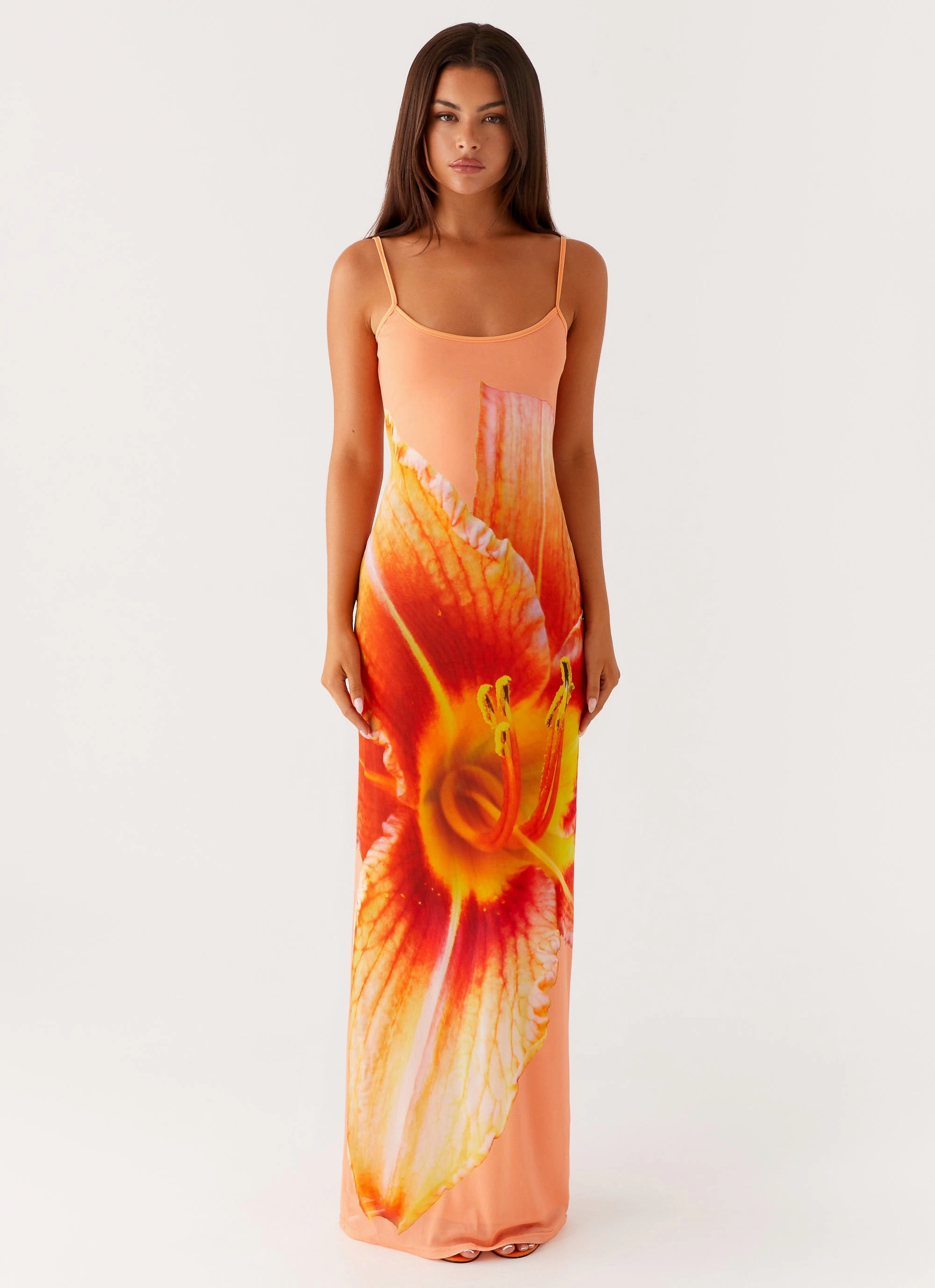 Bad News Mesh Maxi Dress - Orange Floral Mid Fit