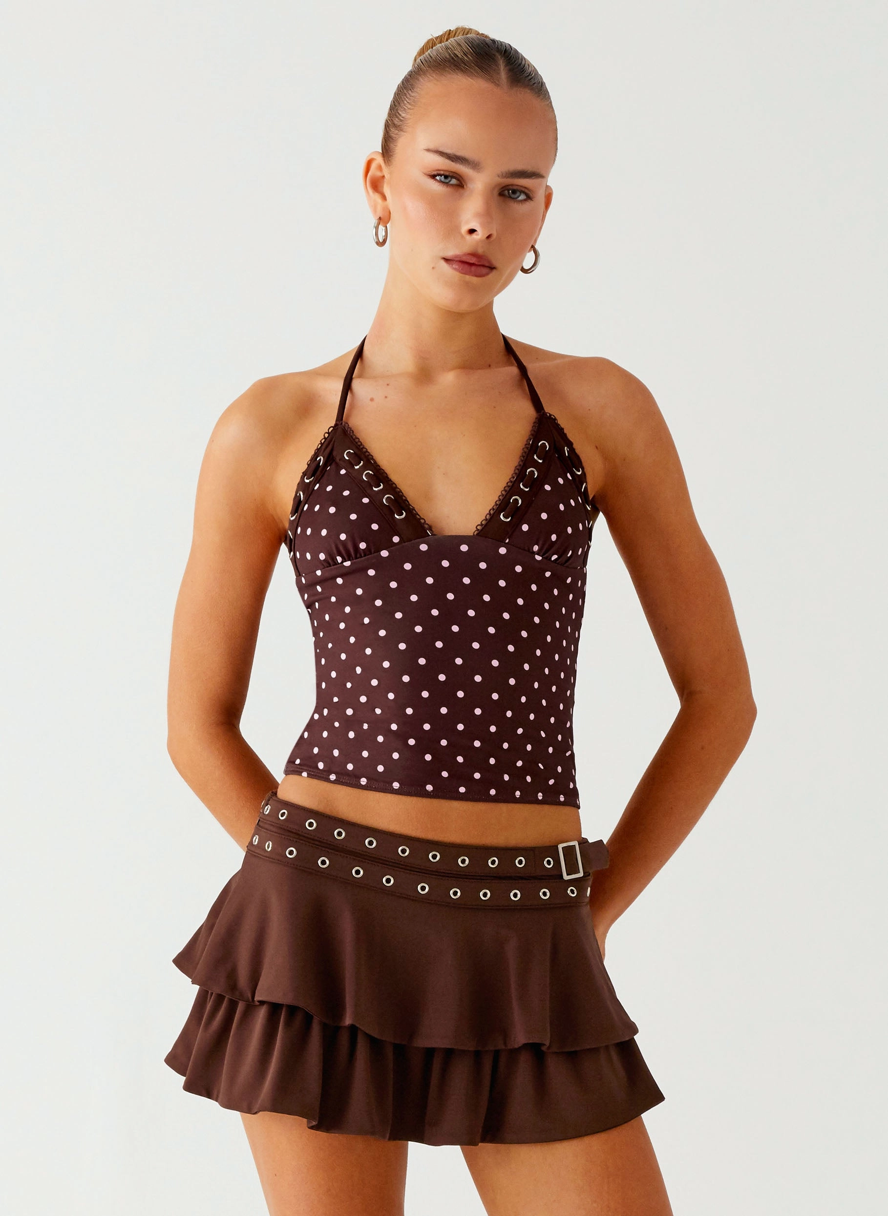 LayeredCuff Reflective Detailing Bahama Eyelet Lace Up Top - Chocolate Strawberry Dot
