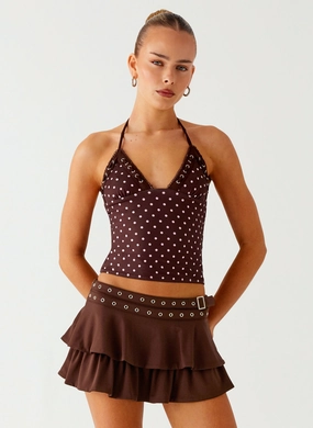 LayeredCuff Reflective Detailing Bahama Eyelet Lace Up Top - Chocolate Strawberry Dot