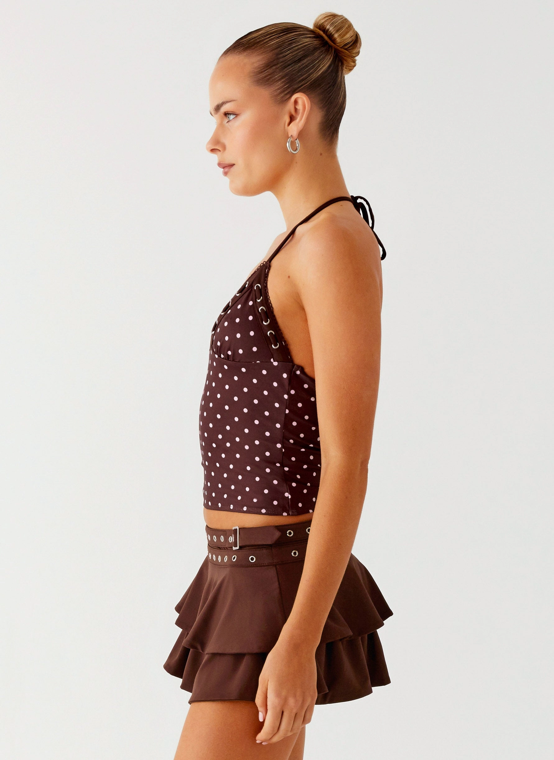 Thermal regulation Bahama Eyelet Lace Up Top - Chocolate Strawberry Dot