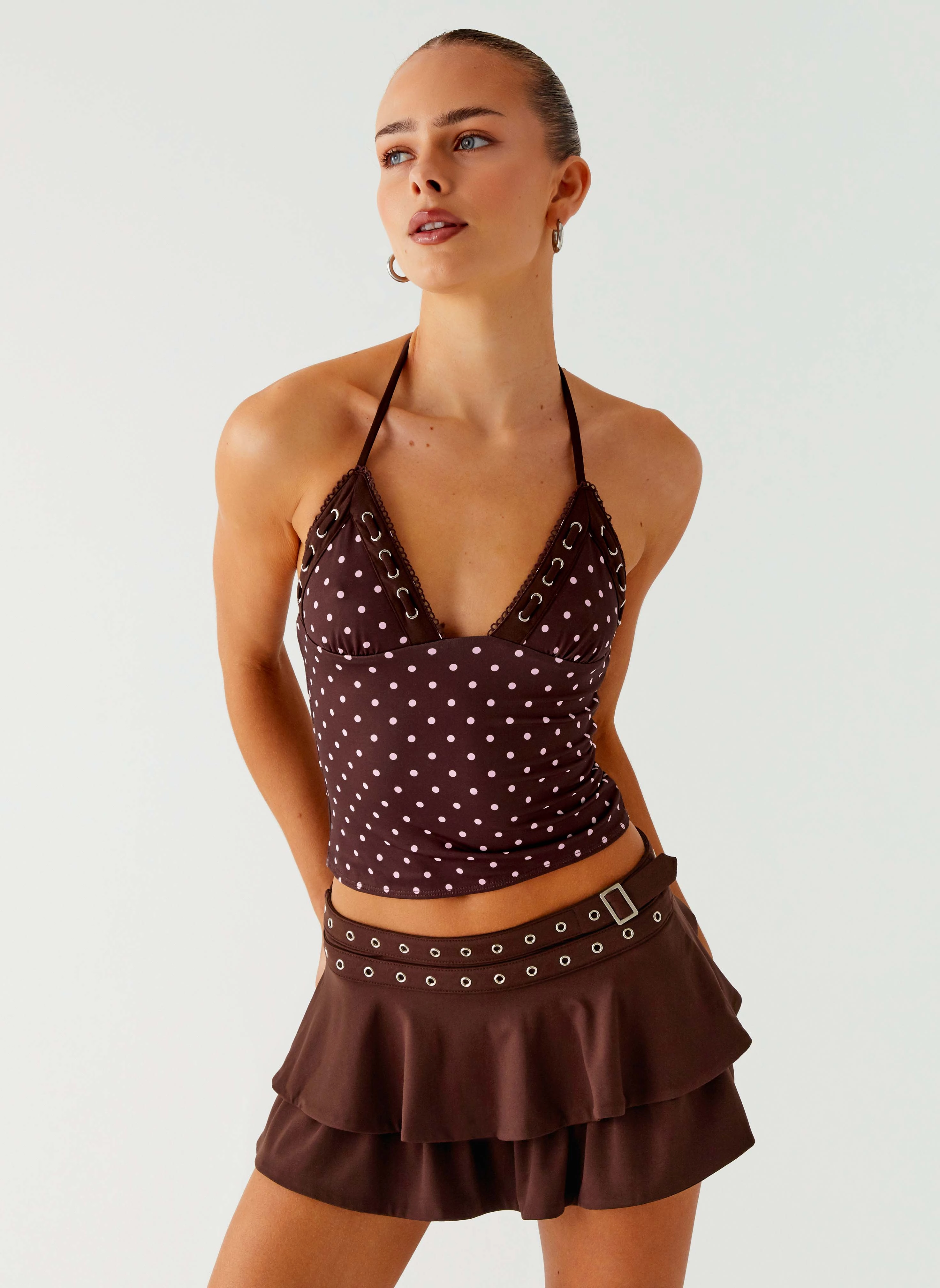 Bahama Eyelet Lace Up Top - Chocolate Strawberry Dot Odor Resistant Coating StaticResistant Material