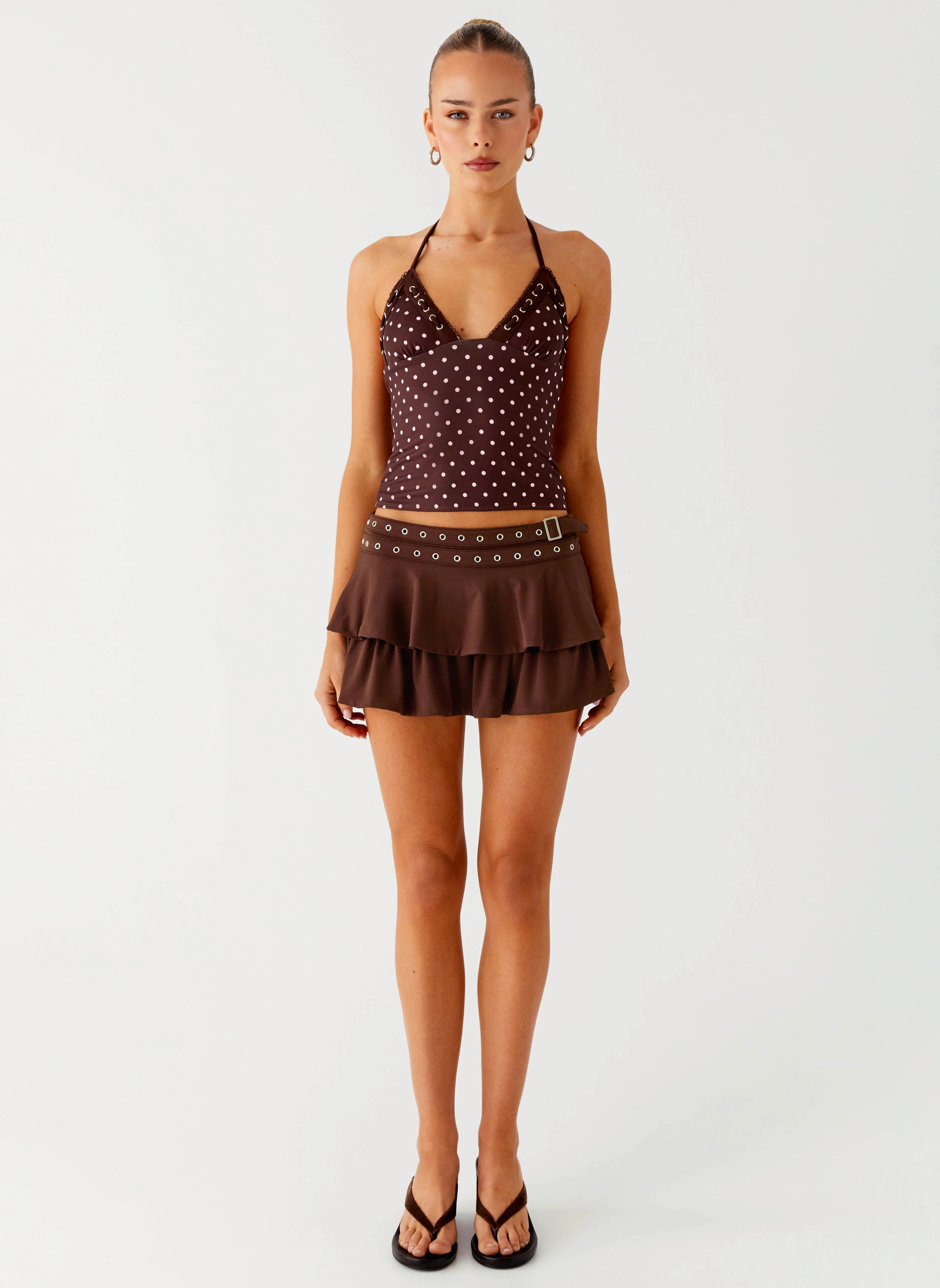 Bahama Eyelet Lace Up Top - Chocolate Strawberry Dot Easy Wear