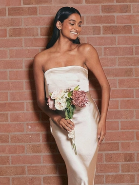 Moment Light Bandeau Maxi Satin Dress in Champagne