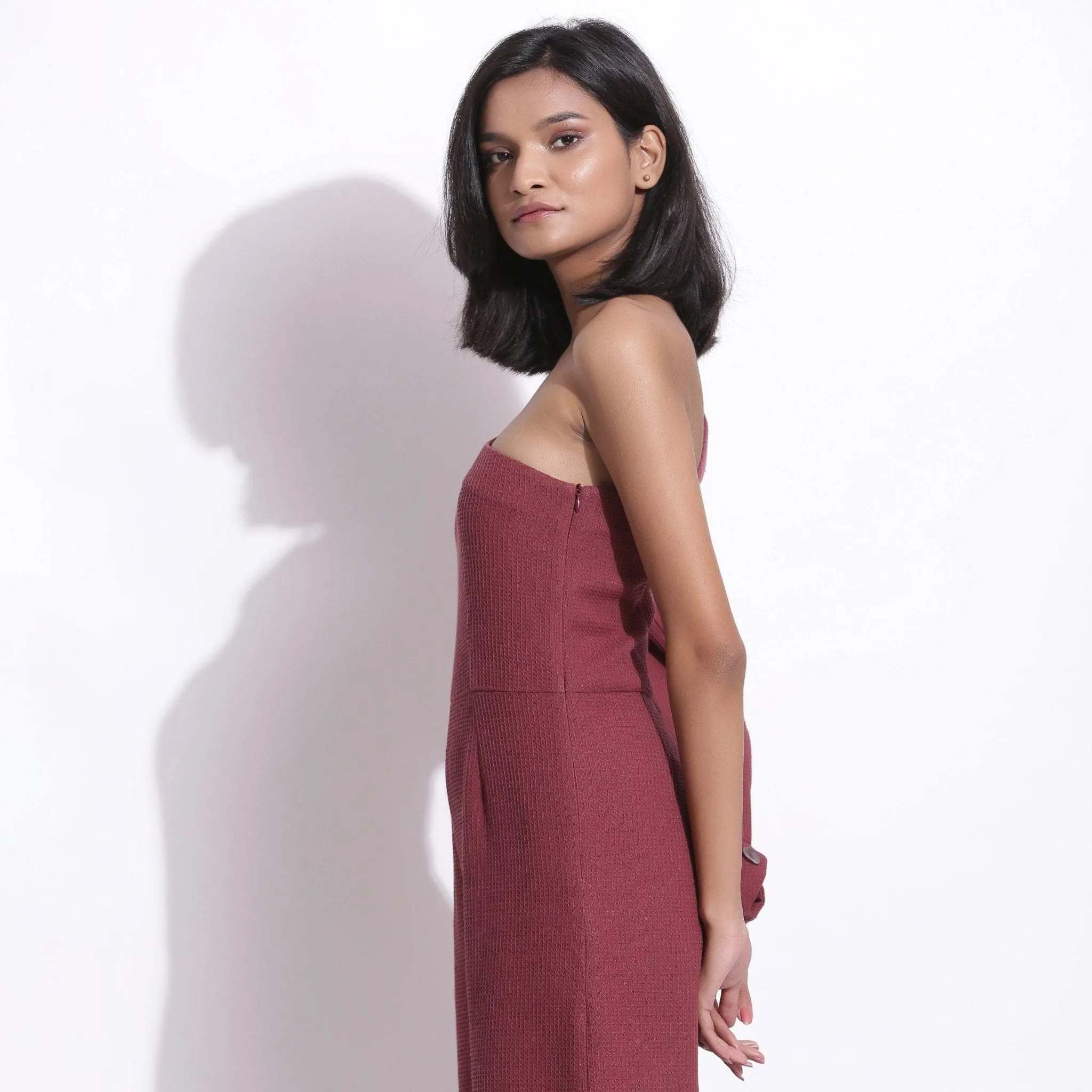 Barn Red Warm Cotton Waffle Ankle Length One-Shoulder Jumpsuit