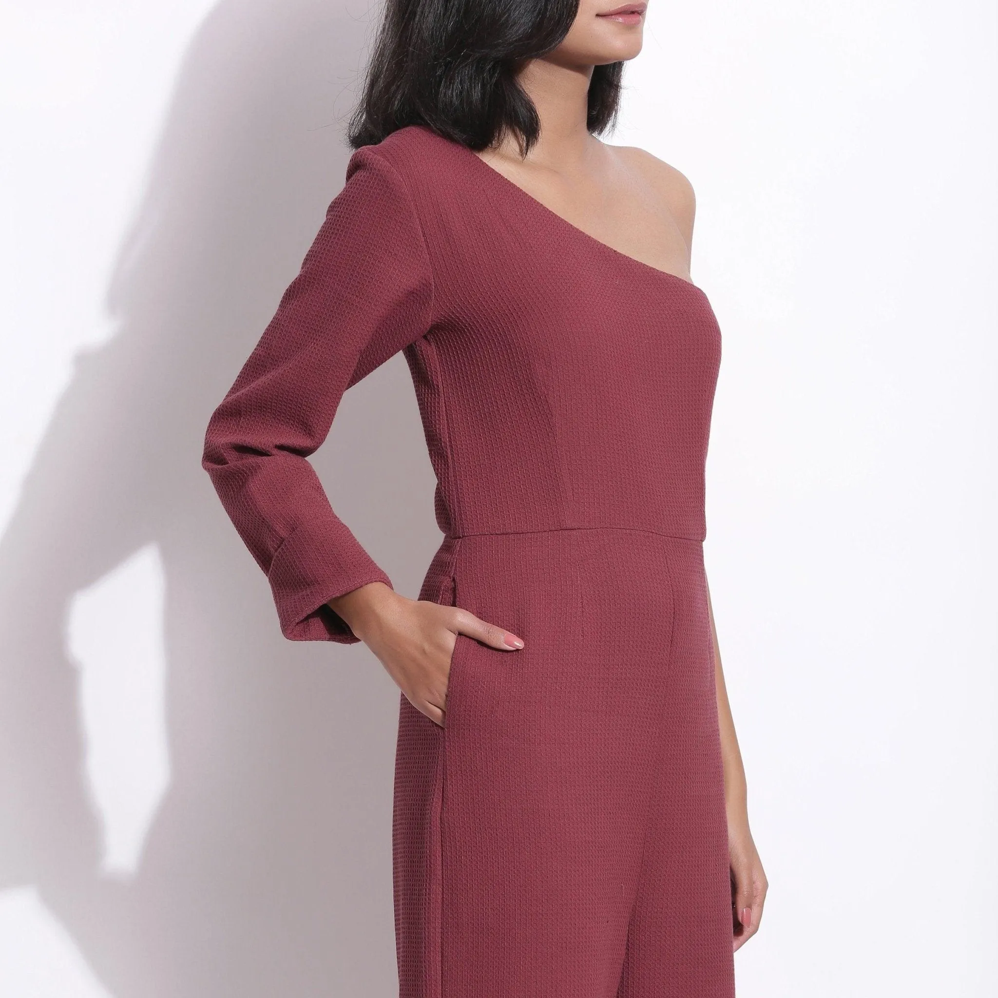 Barn Red Warm Cotton Waffle Ankle Length One-Shoulder Jumpsuit