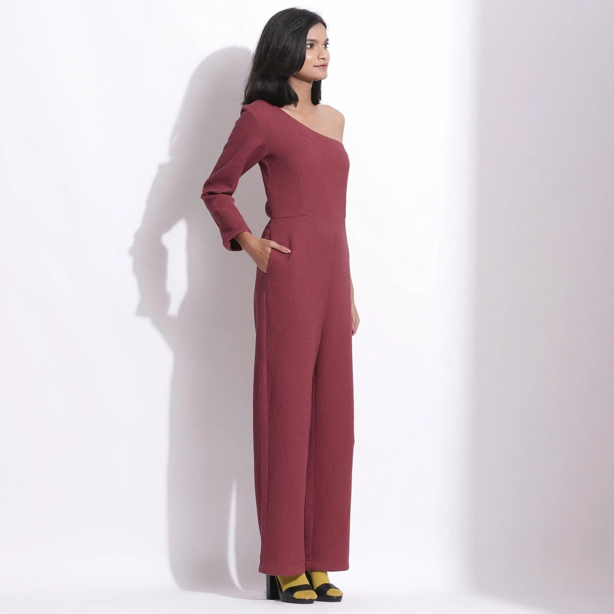 Barn Red Warm Cotton Waffle Ankle Length One-Shoulder Jumpsuit