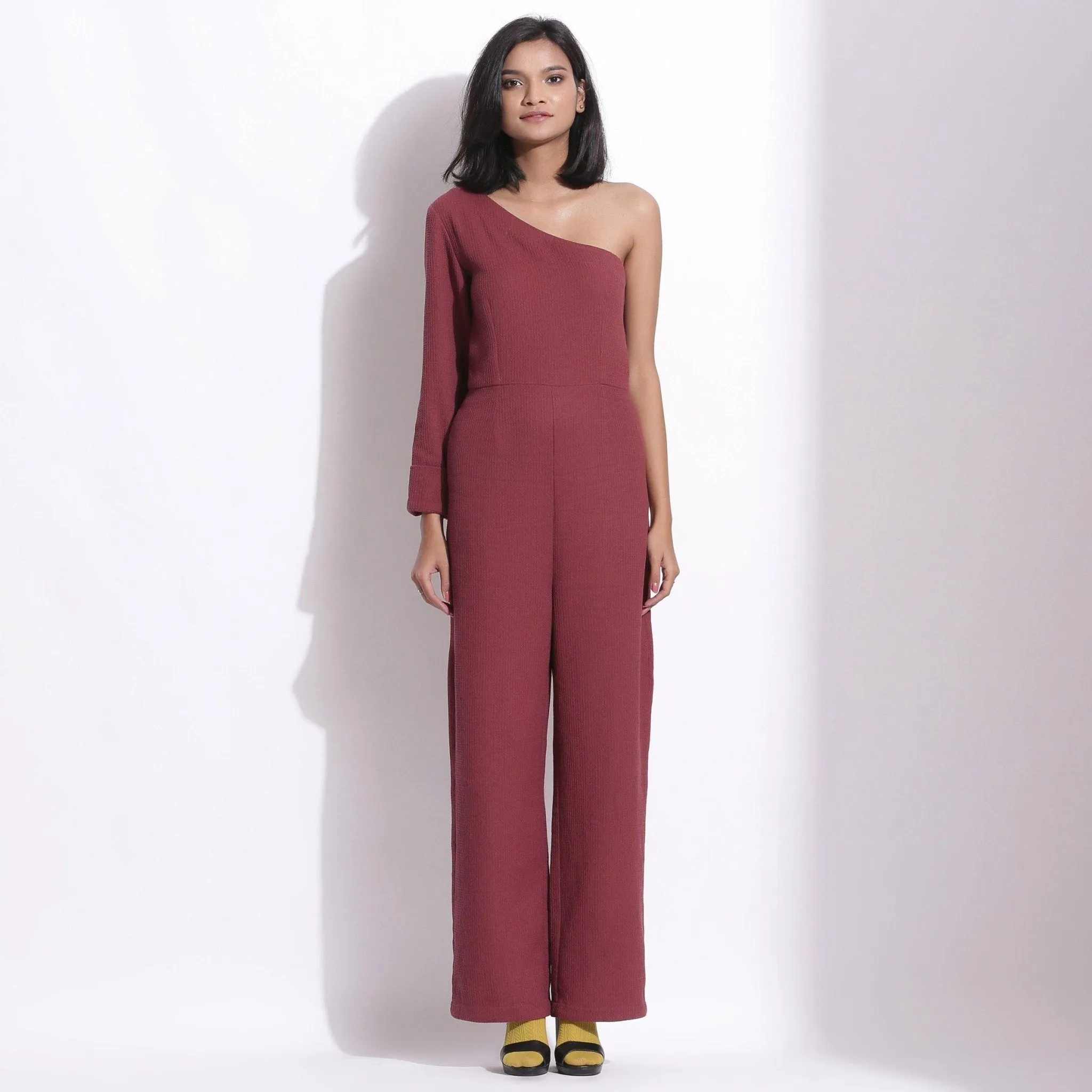 Barn Red Warm Cotton Waffle Ankle Length One-Shoulder Jumpsuit