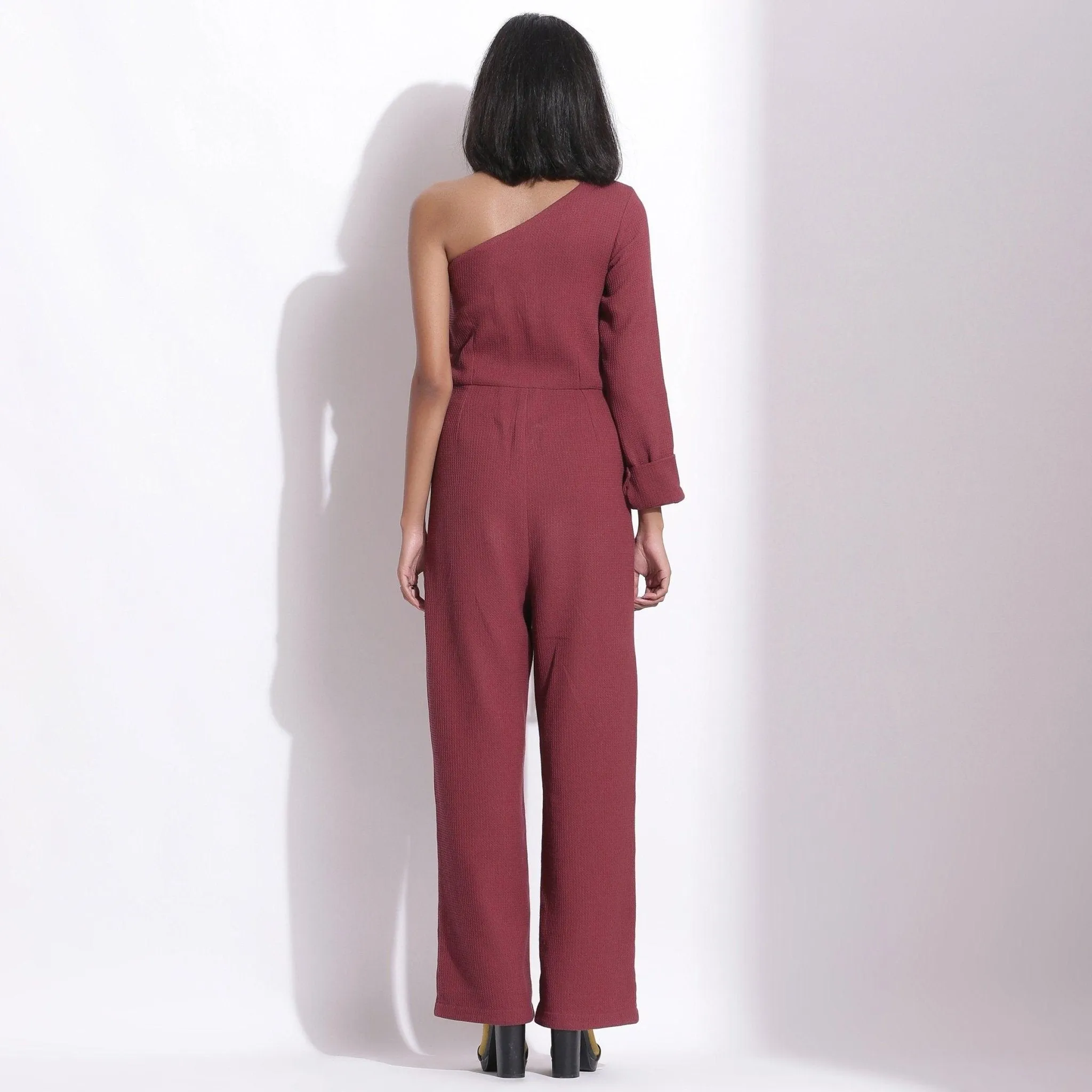 Barn Red Warm Cotton Waffle Ankle Length One-Shoulder Jumpsuit
