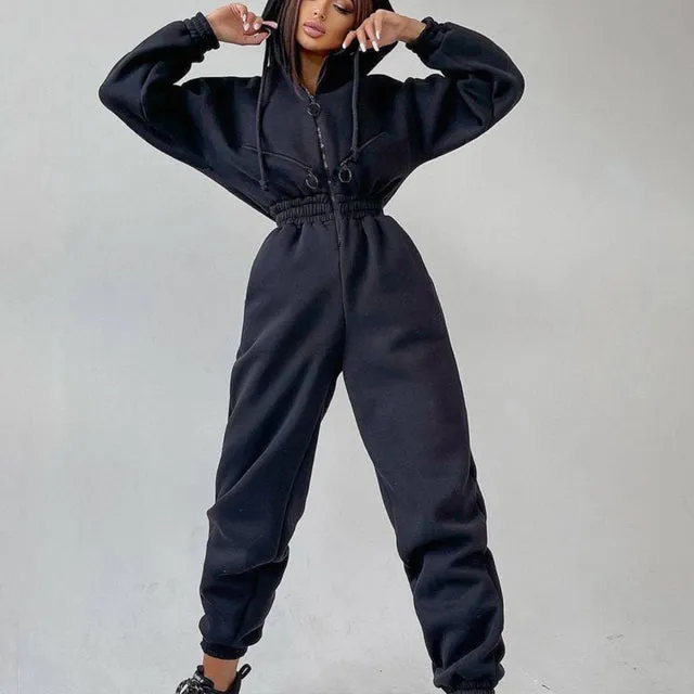 Basic Hoodie Zipper Jumpsuit Overalls