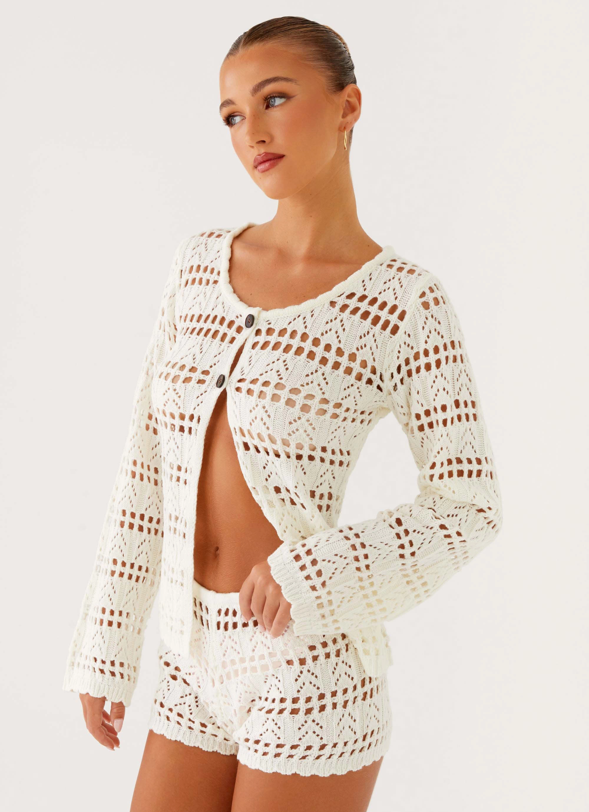Versatile Layering Cut FadeResistant Finish Baylock Crochet Long Sleeve Top - White