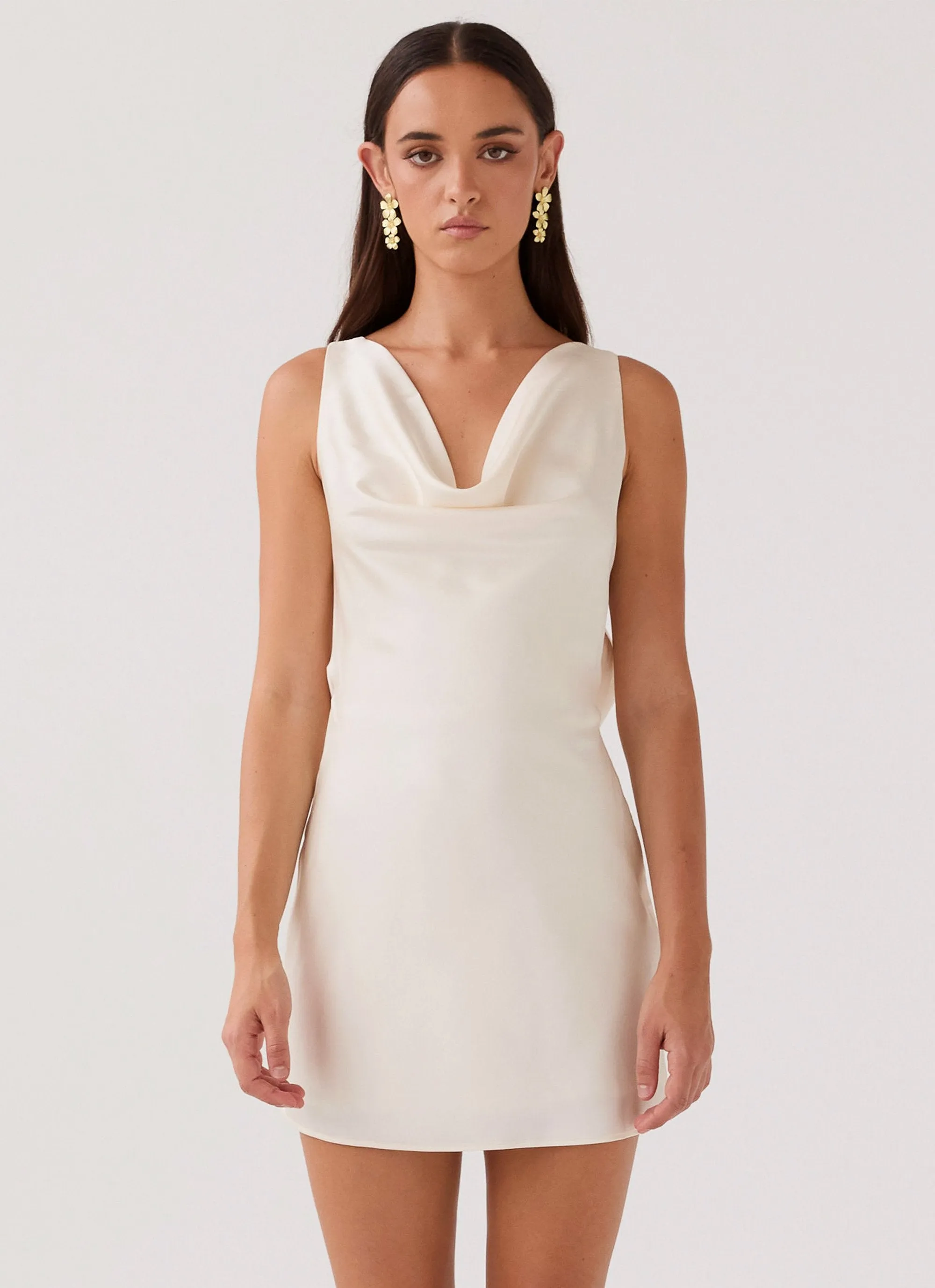 Be Mine Satin Mini Dress - Ivory Golden Scene
