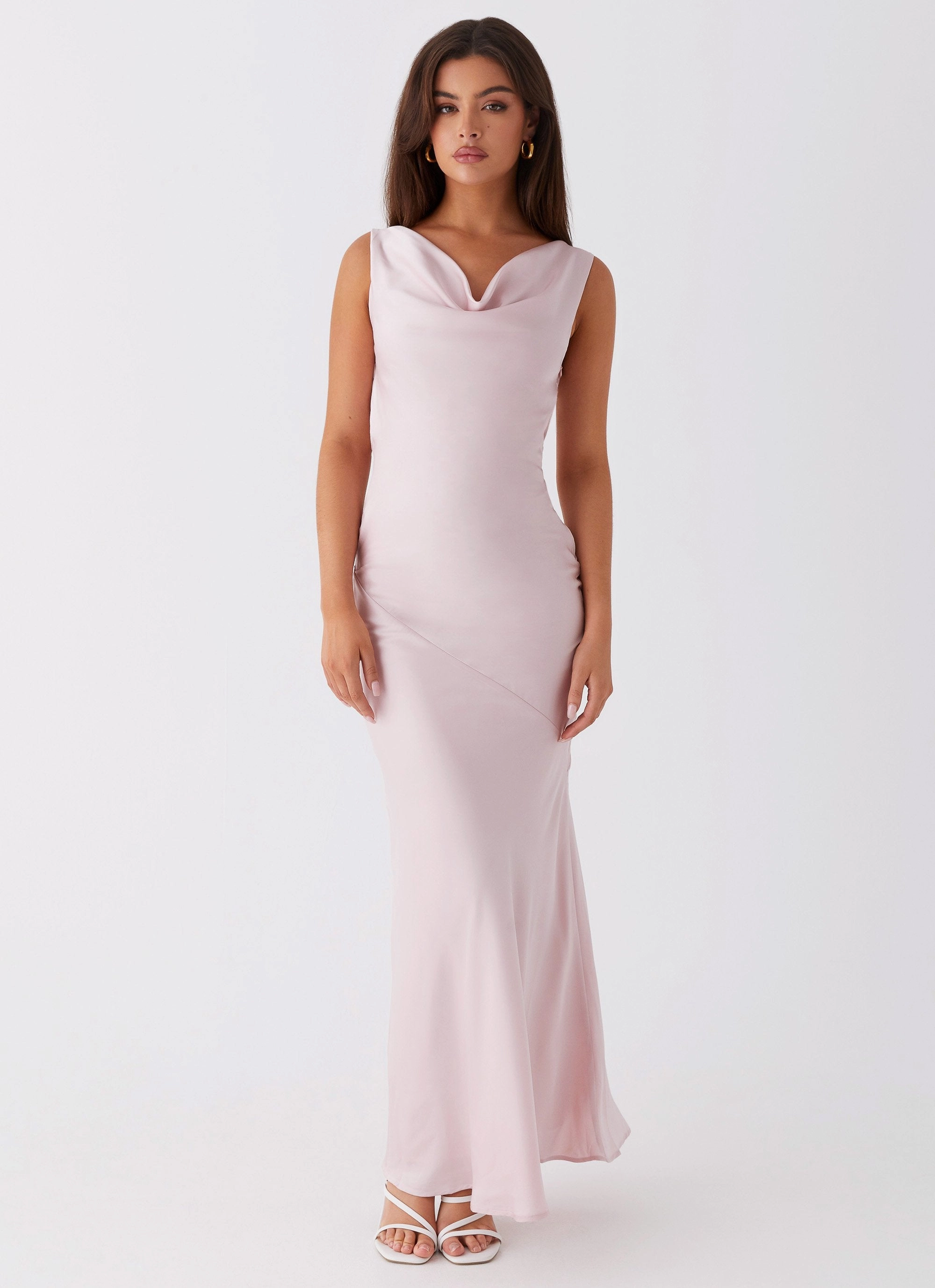 Be Mine Satin Maxi Dress - Mauve Pink Basic Cool Sage Detail