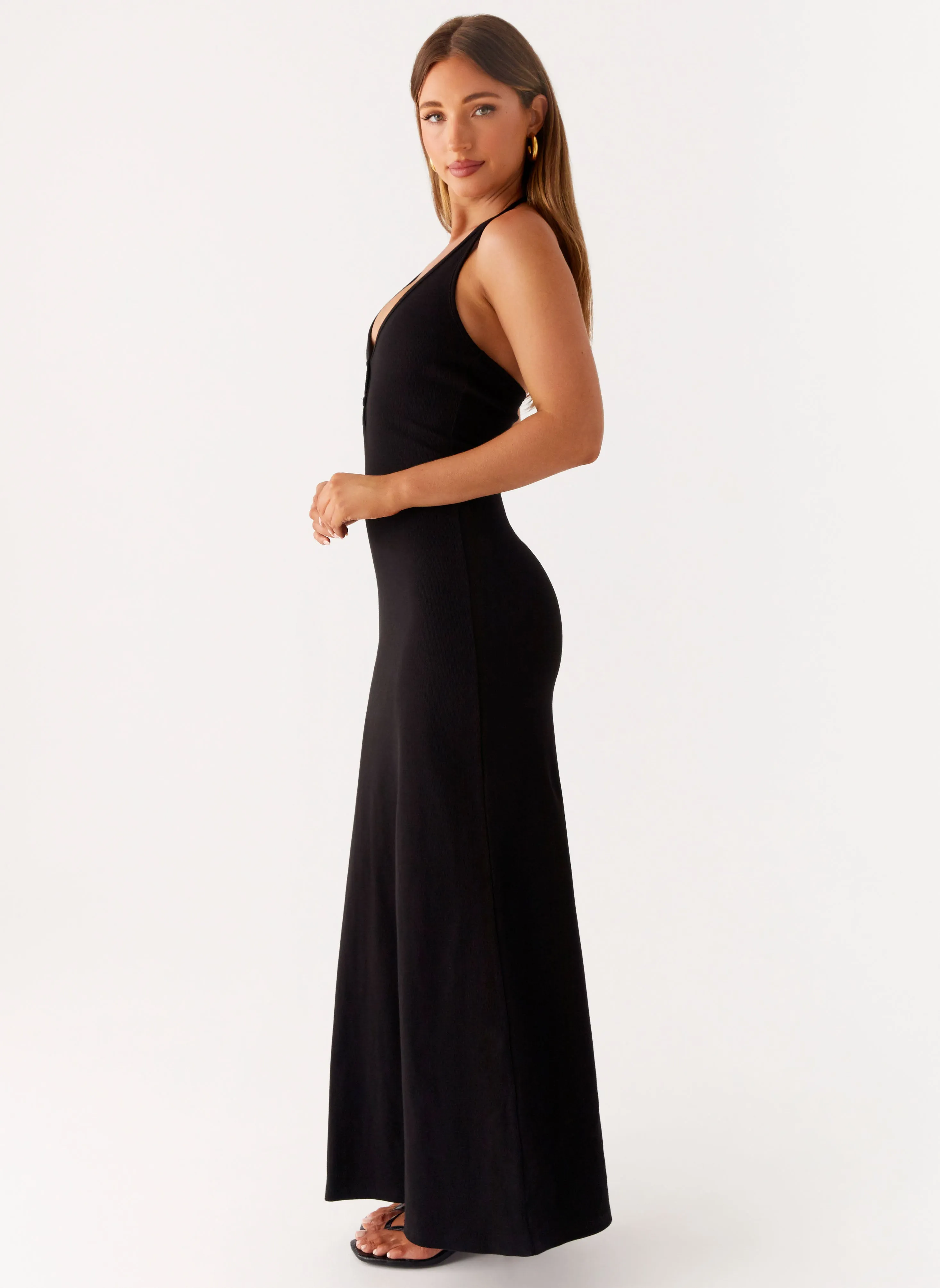 Yaselle Button Front Maxi Dress - Black Pop Texture Stylish Choice