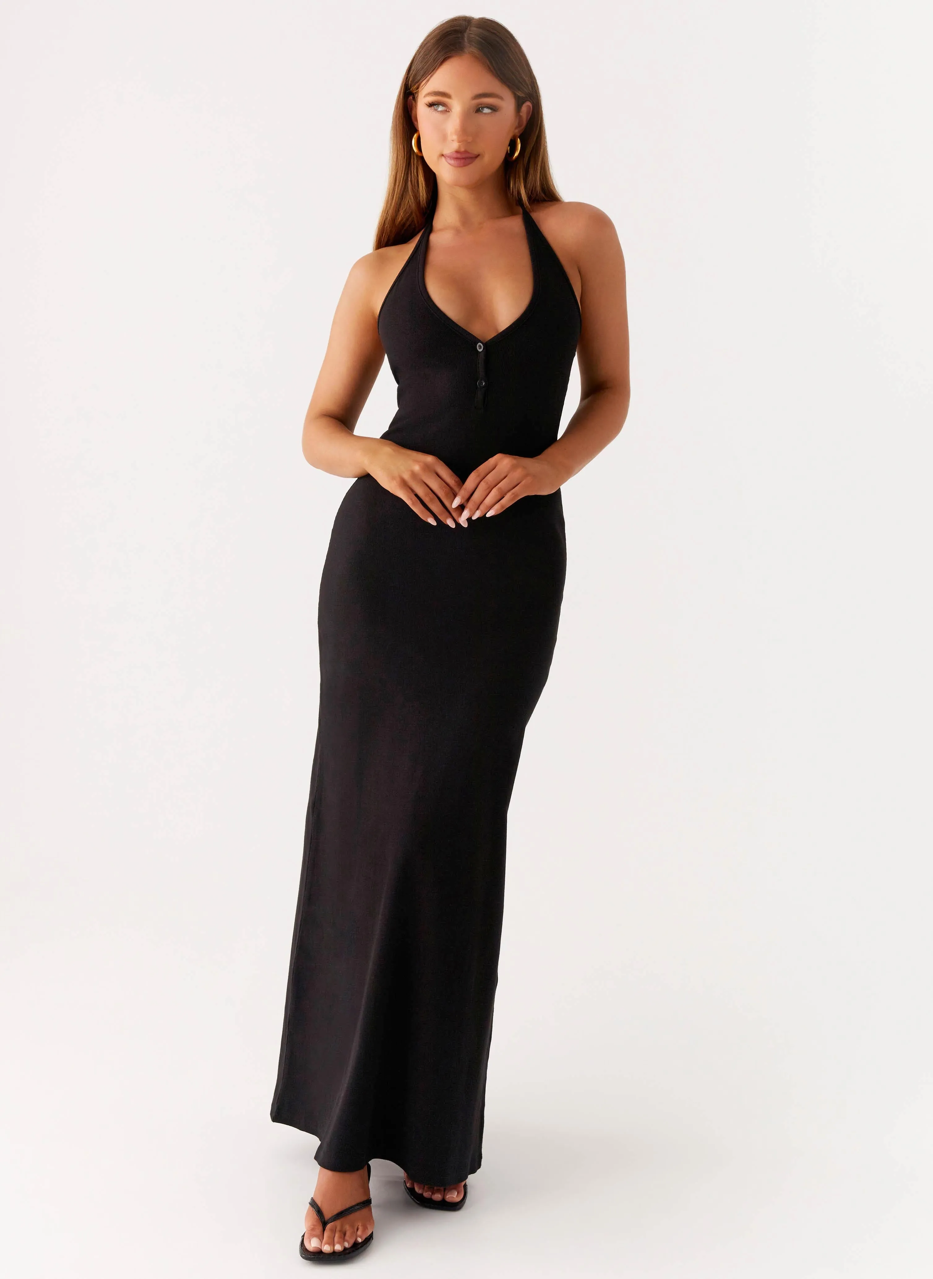 Yaselle Button Front Maxi Dress - Black Minimal Aesthetic