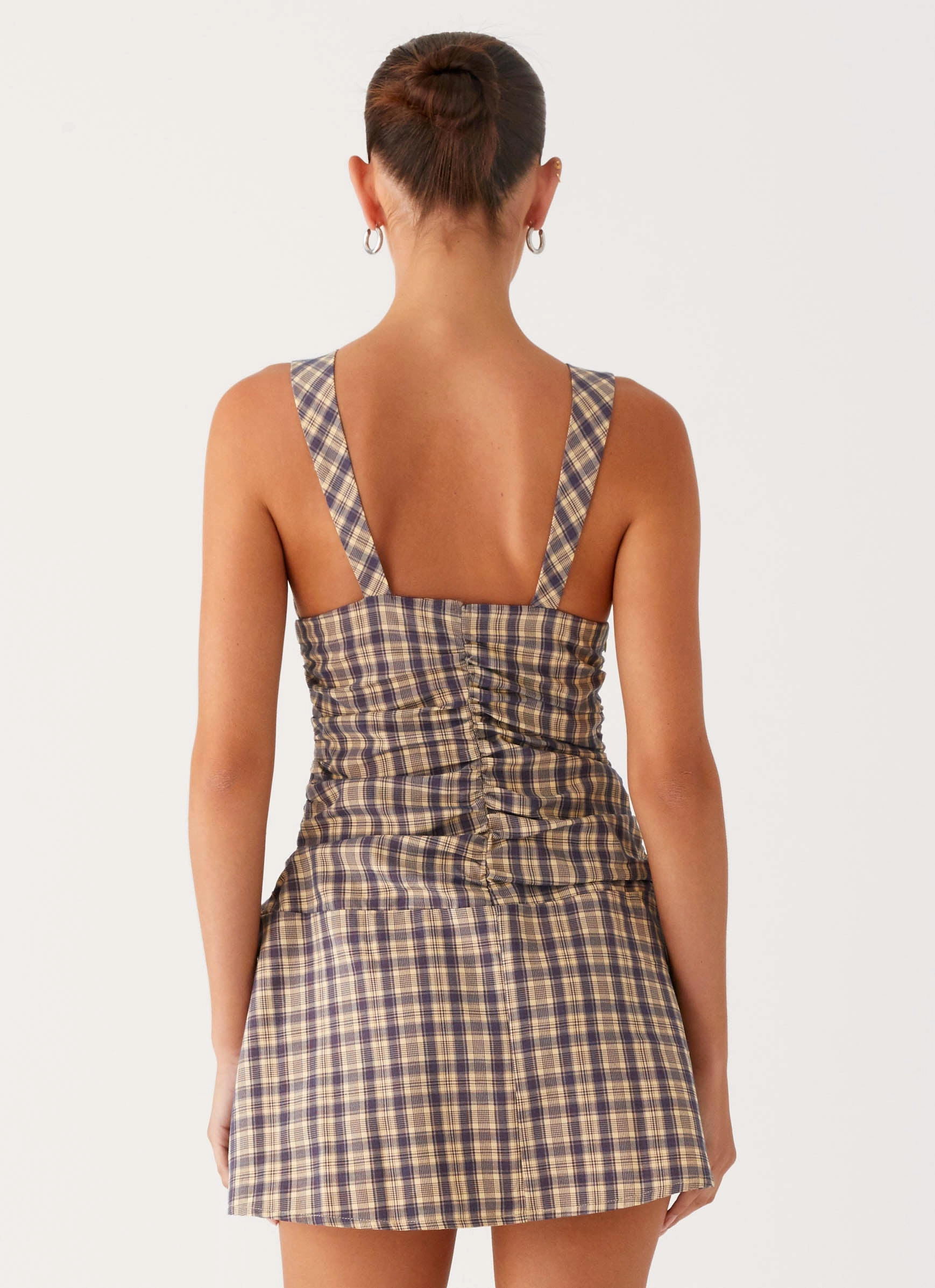 Fresh Palette Button-Cuff Tablo Drop Waist Mini Dress - Check Print