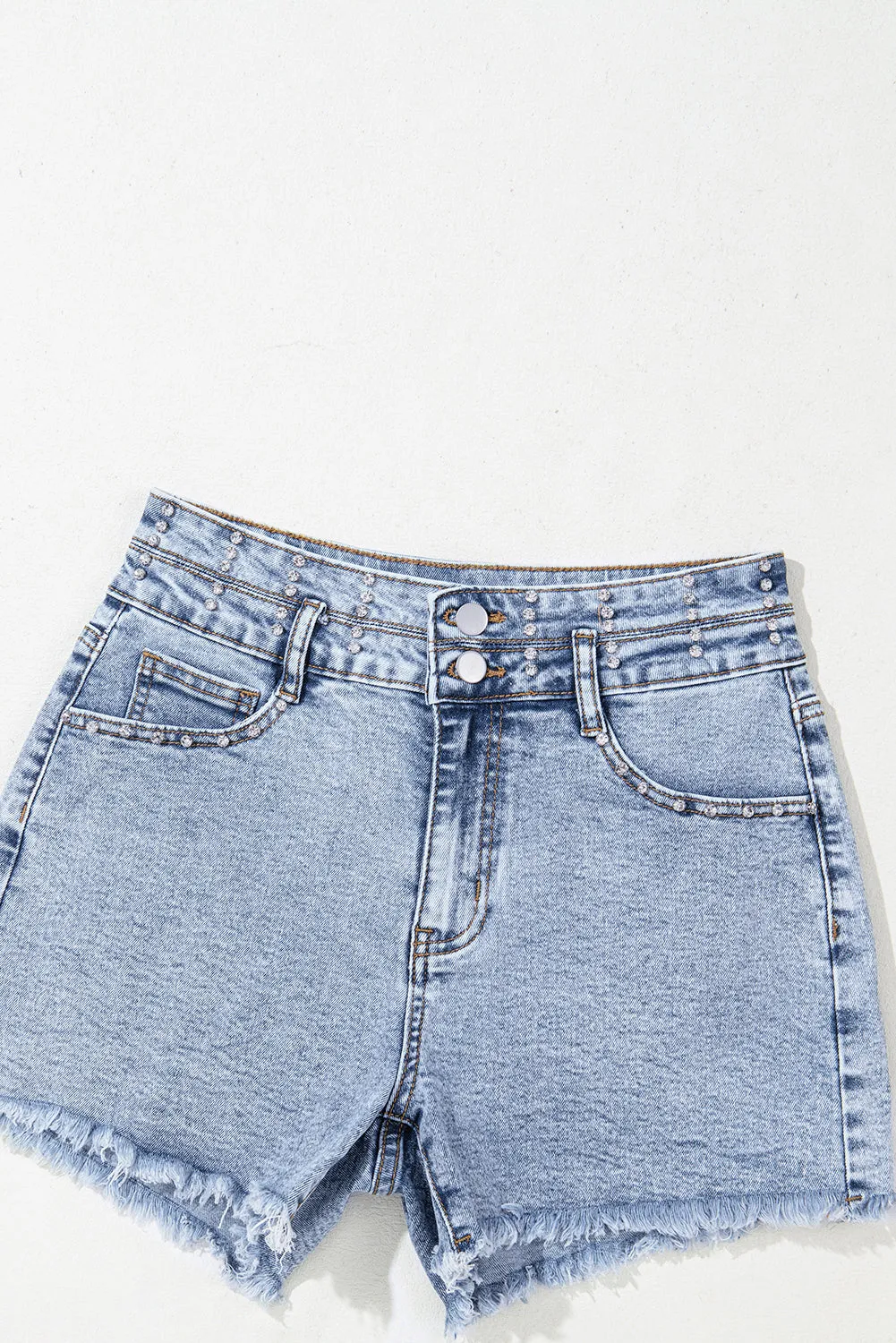 Beau Blue Rhinestone Light Wash Raw Hem High Waist Denim Shorts
