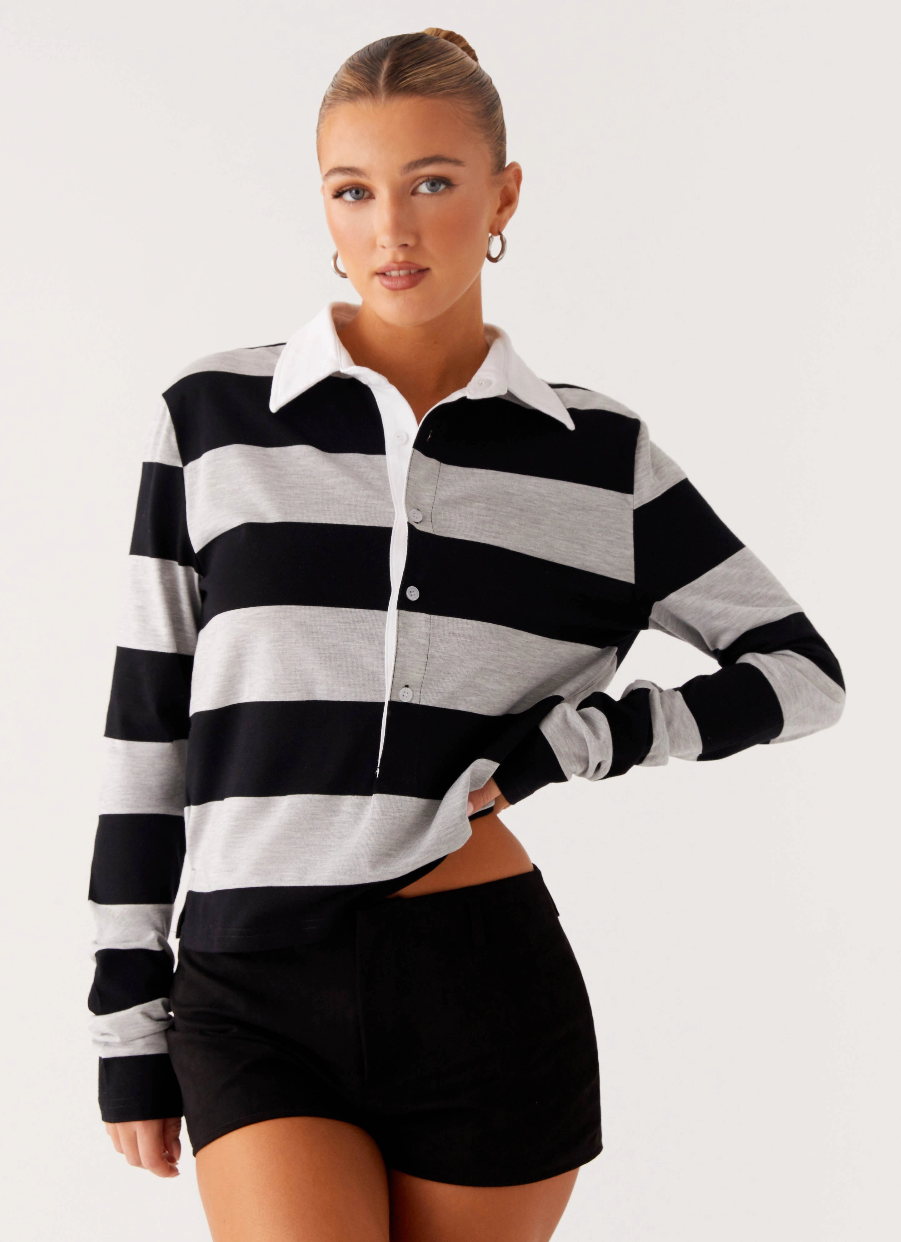 Beckett Polo Top - Grey Black Stripe Light Deflection Fabric