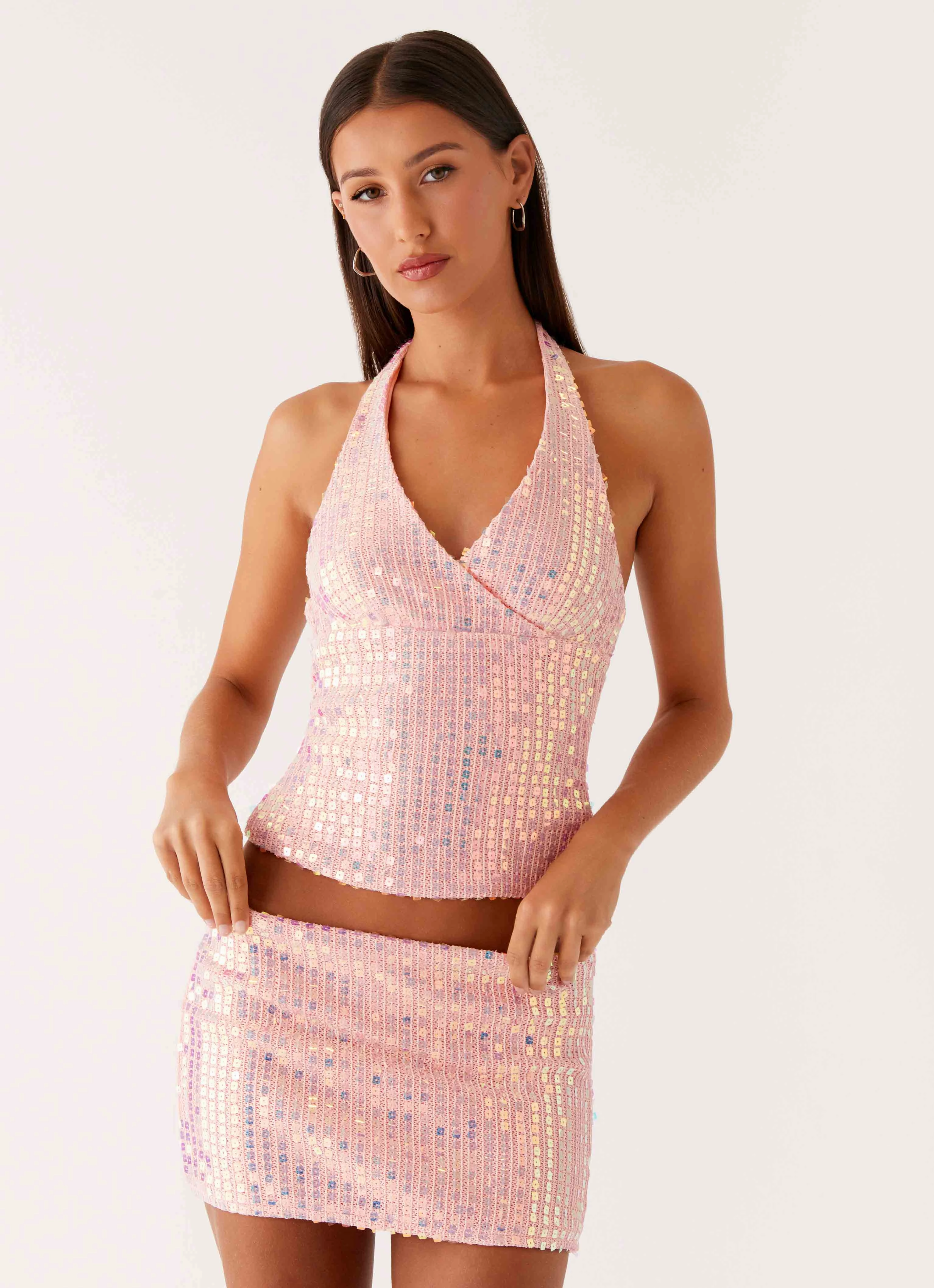 Been That Girl Knit Sequin Mini Skirt - Iridescent Pink Stretch Panels Abrasion Resistant Fabric
