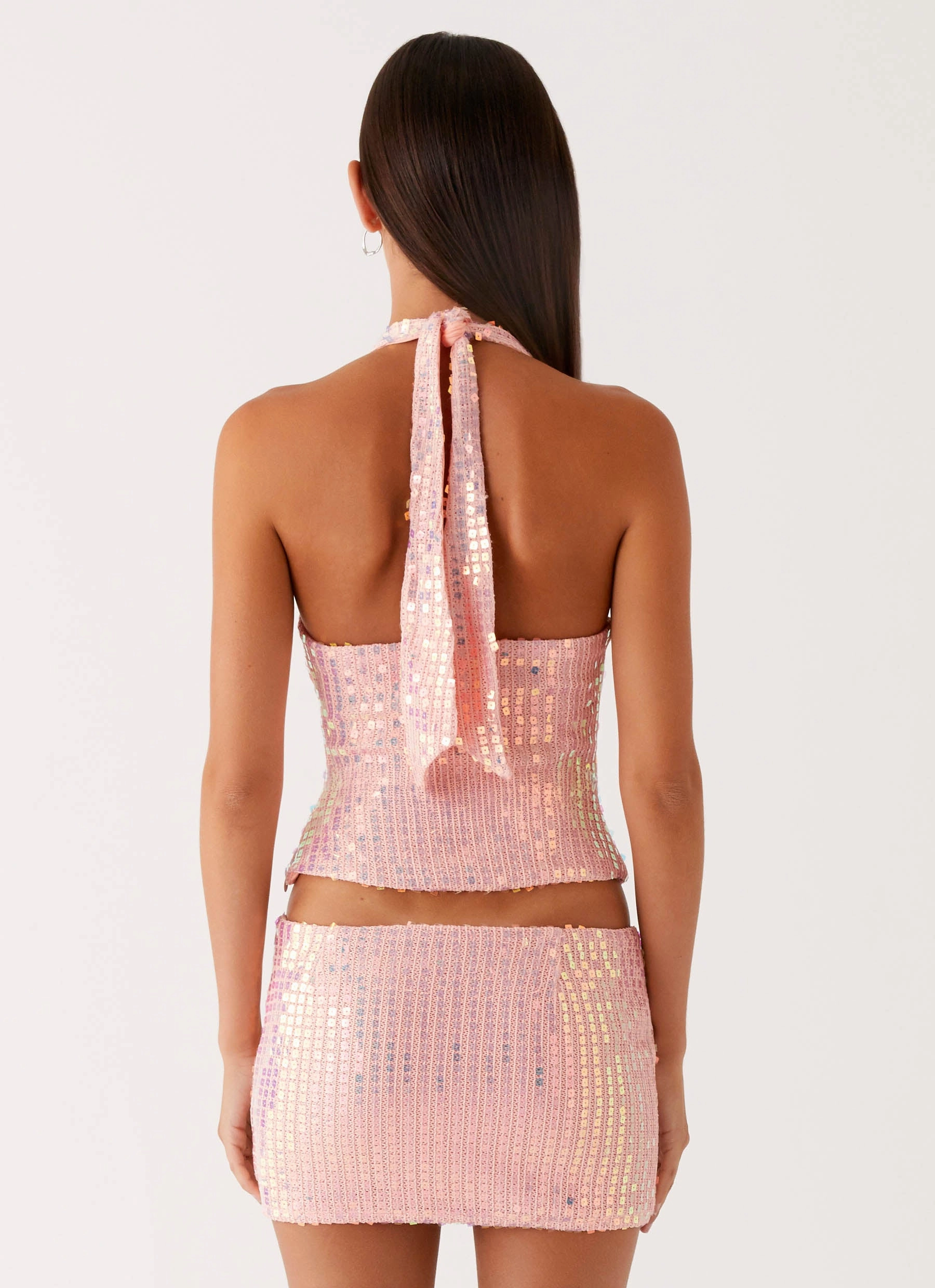 Basic Style Flat Lock Stitching Been That Girl Knit Sequin Mini Skirt - Iridescent Pink