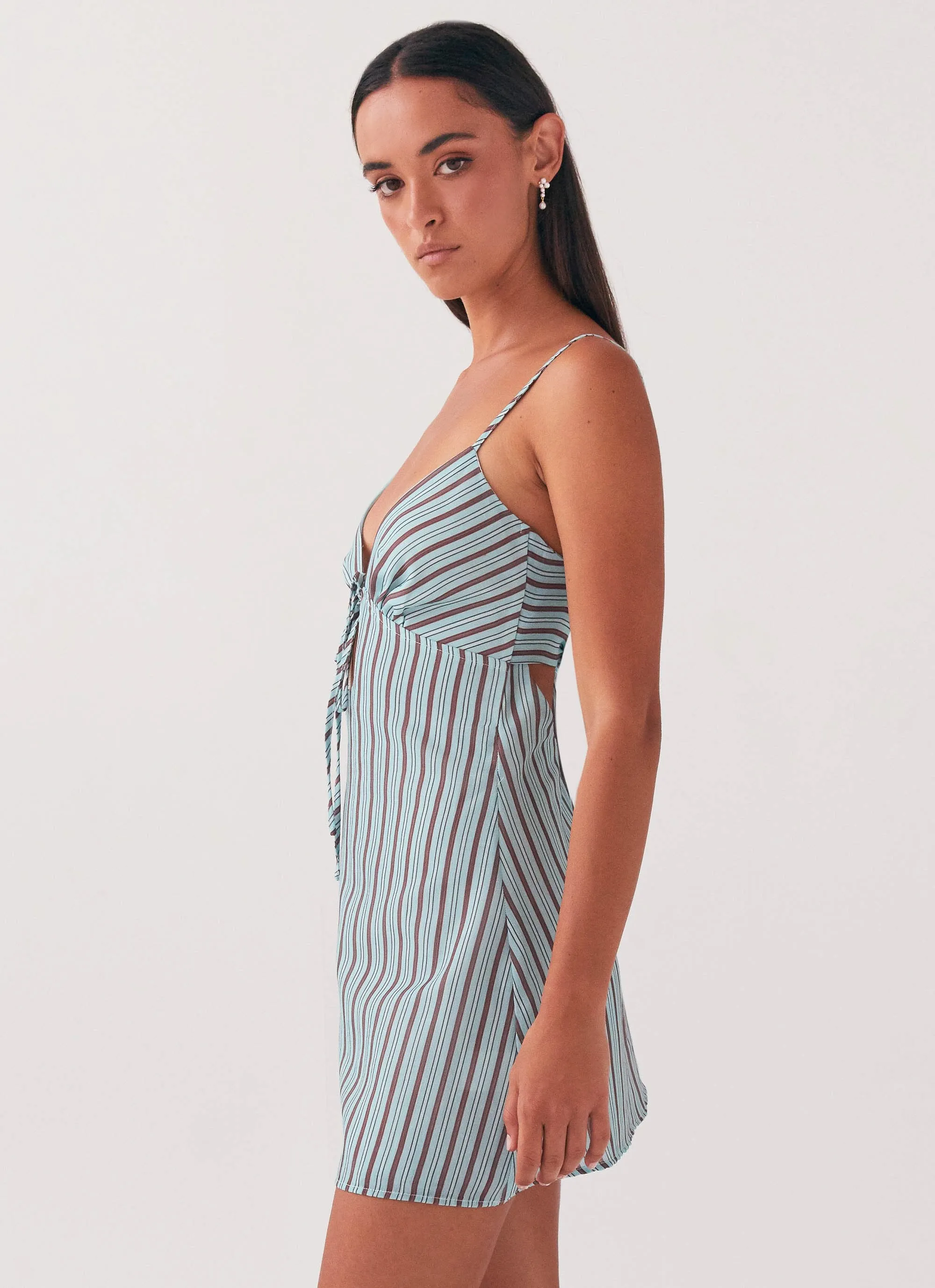 Textured Surface Comfy and Chic Flora Linen Mini Dress - Coastal Stripe