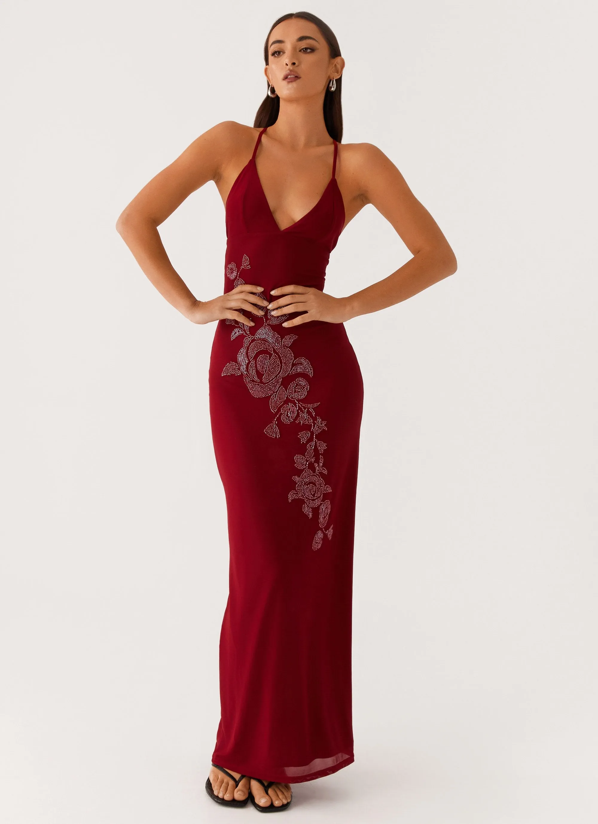 Beki Beaded Mesh Maxi Dress - Deep Red Fresh Palette
