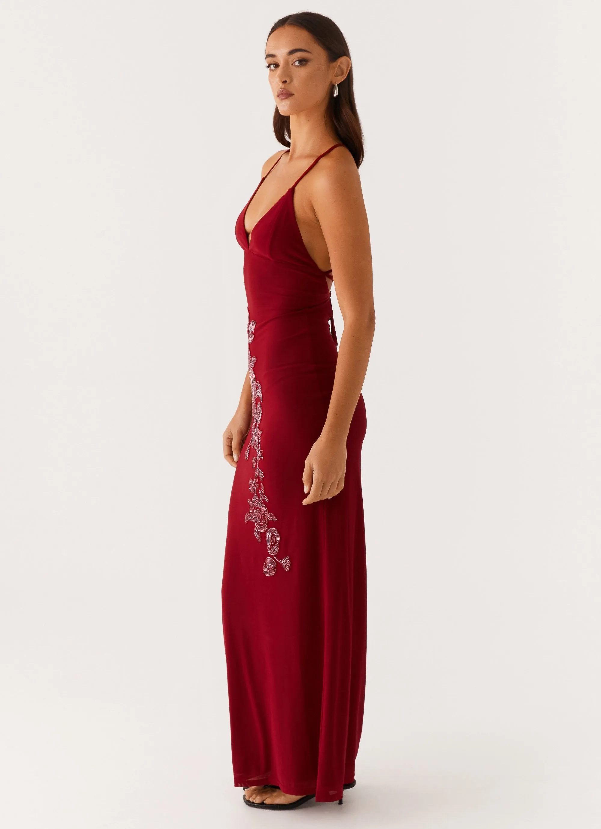 Beki Beaded Mesh Maxi Dress - Deep Red Slim Form