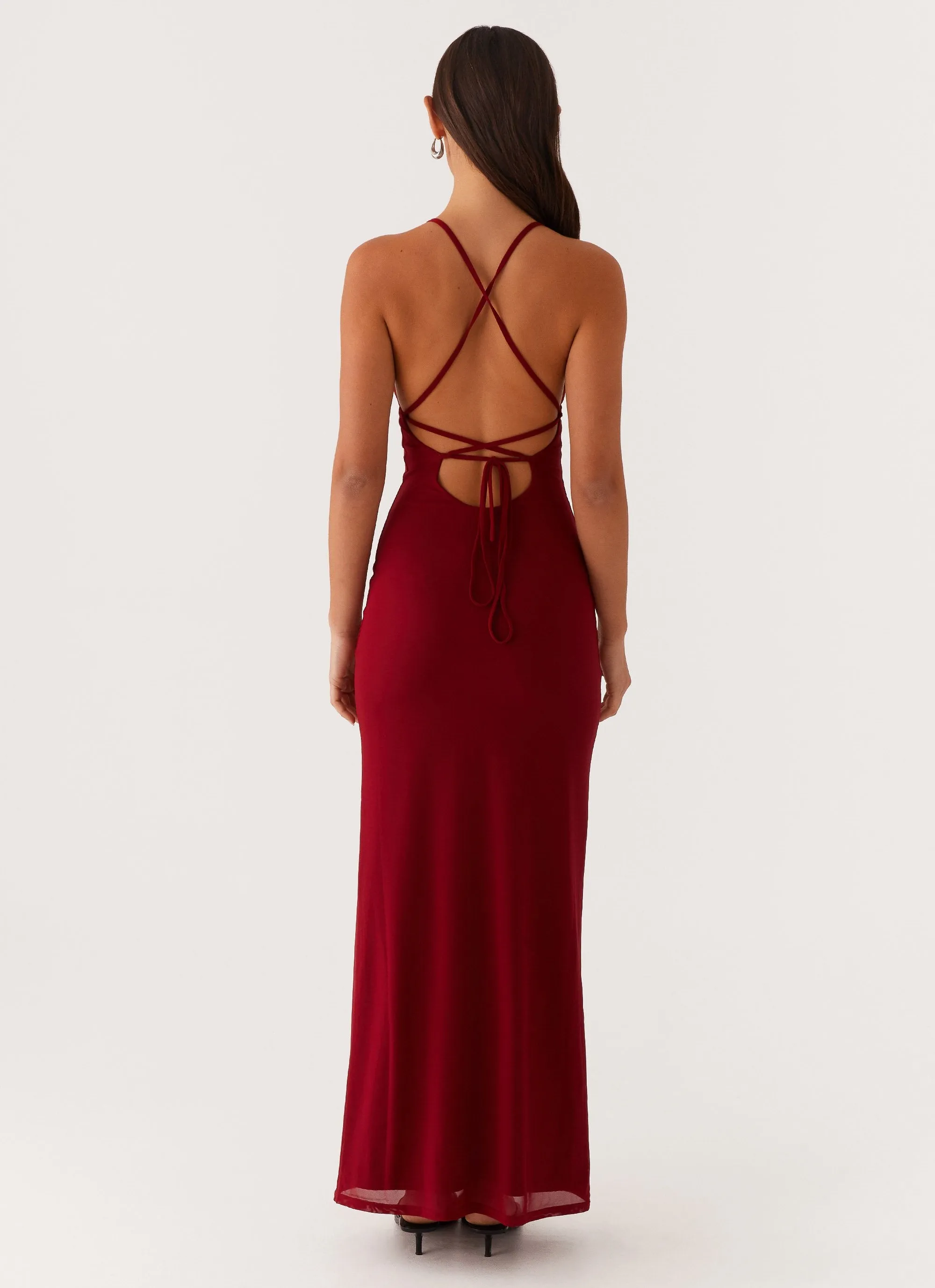 Warm Touch Lightweight-Structure Beki Beaded Mesh Maxi Dress - Deep Red
