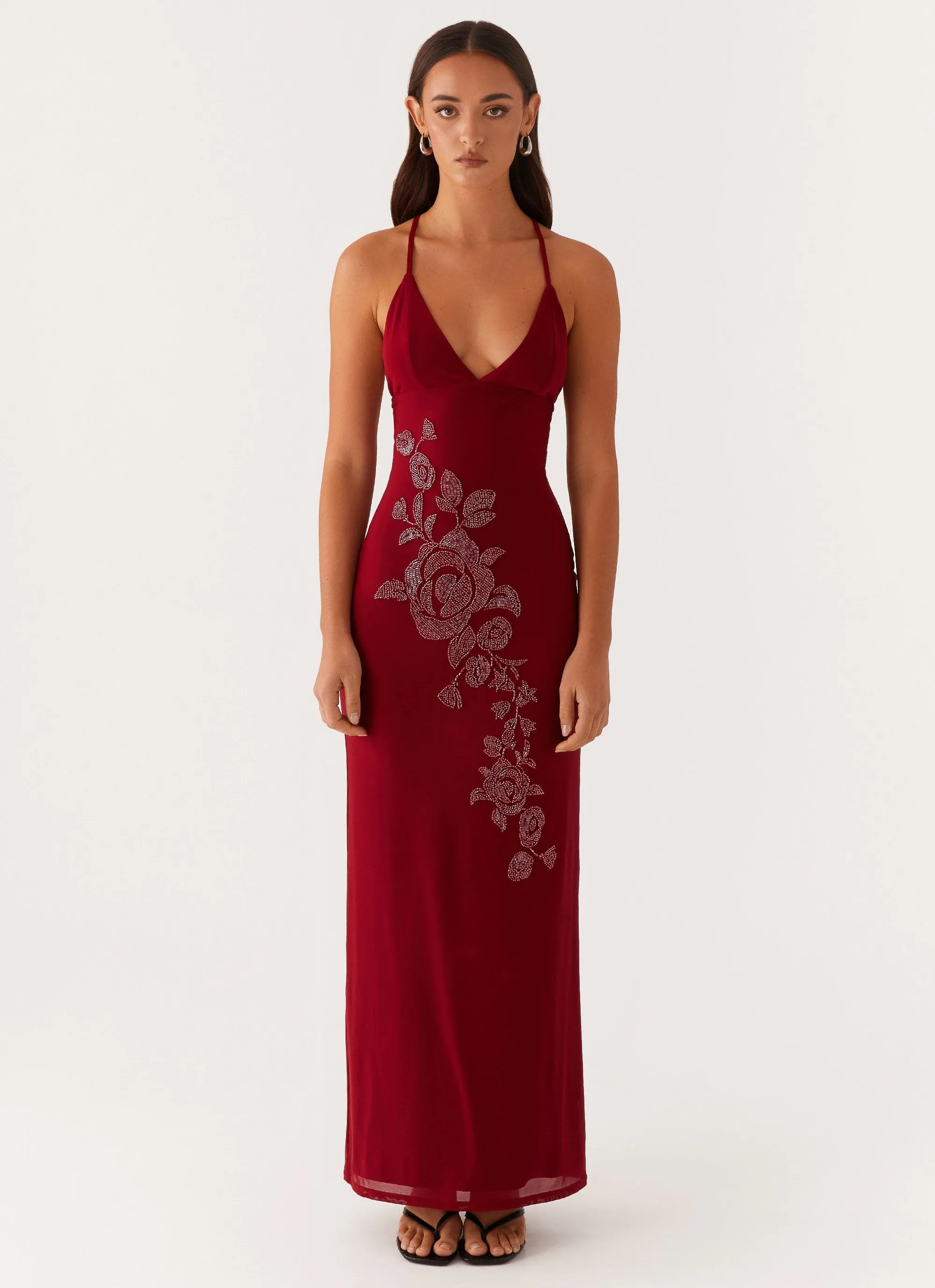 Beki Beaded Mesh Maxi Dress - Deep Red Smart Fabric