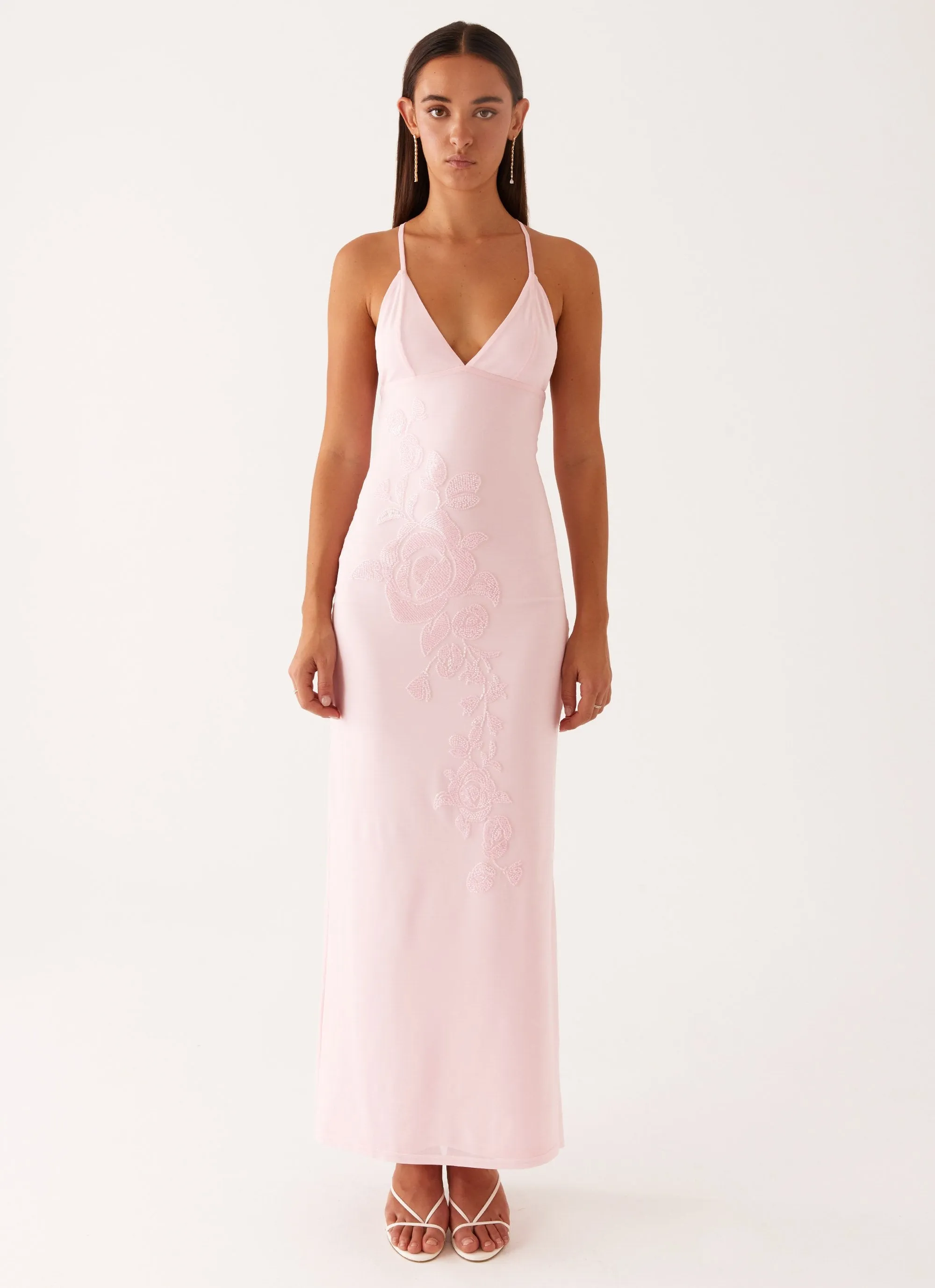 Airy Weave Sharp Profile Beki Beaded Mesh Maxi Dress - Pink