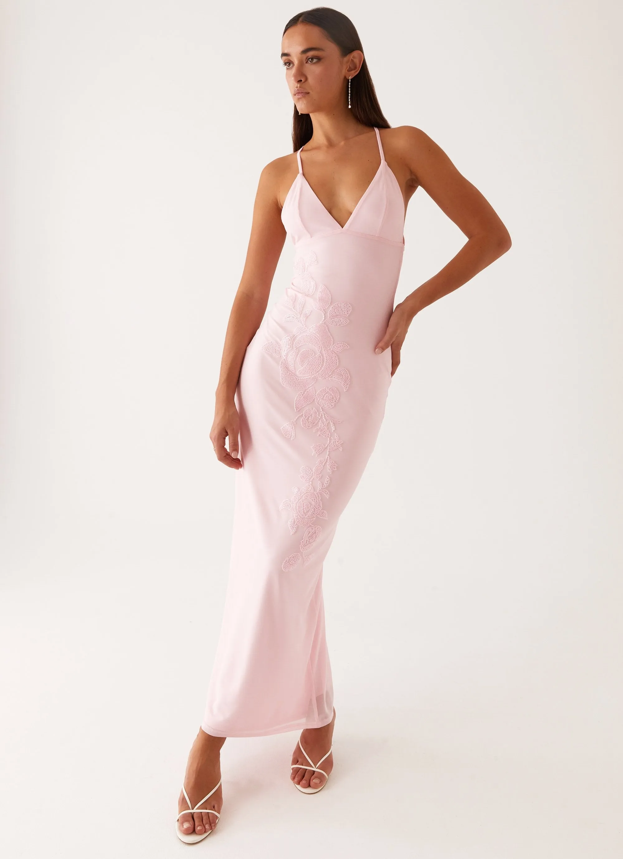 Beki Beaded Mesh Maxi Dress - Pink Joy Glow Happy Fit