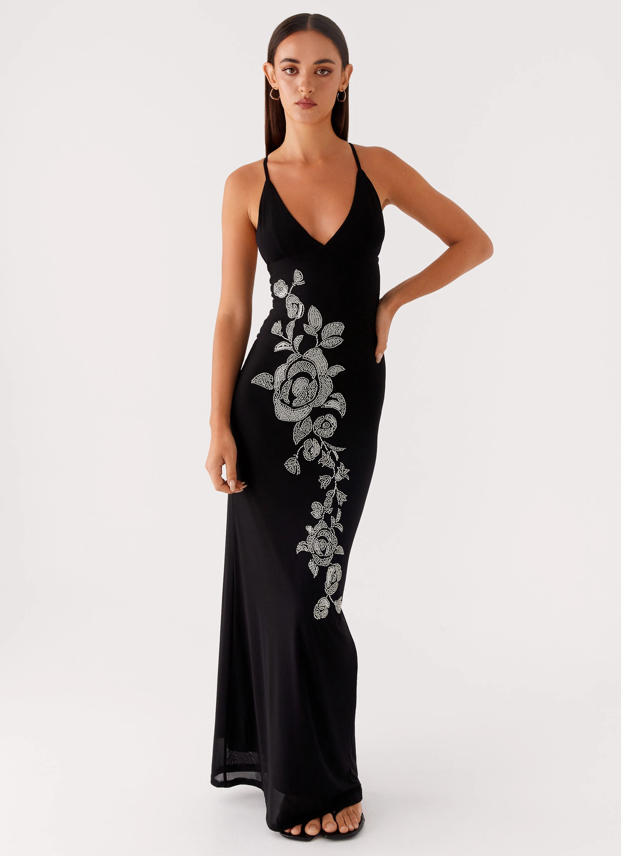 Beki Beaded Mesh Maxi Dress - Black Mixed Fabric