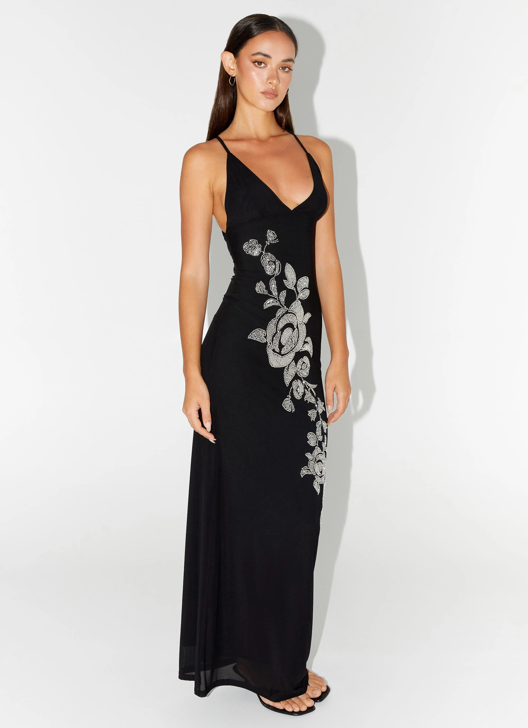 Refined Feel Beki Beaded Mesh Maxi Dress - Black