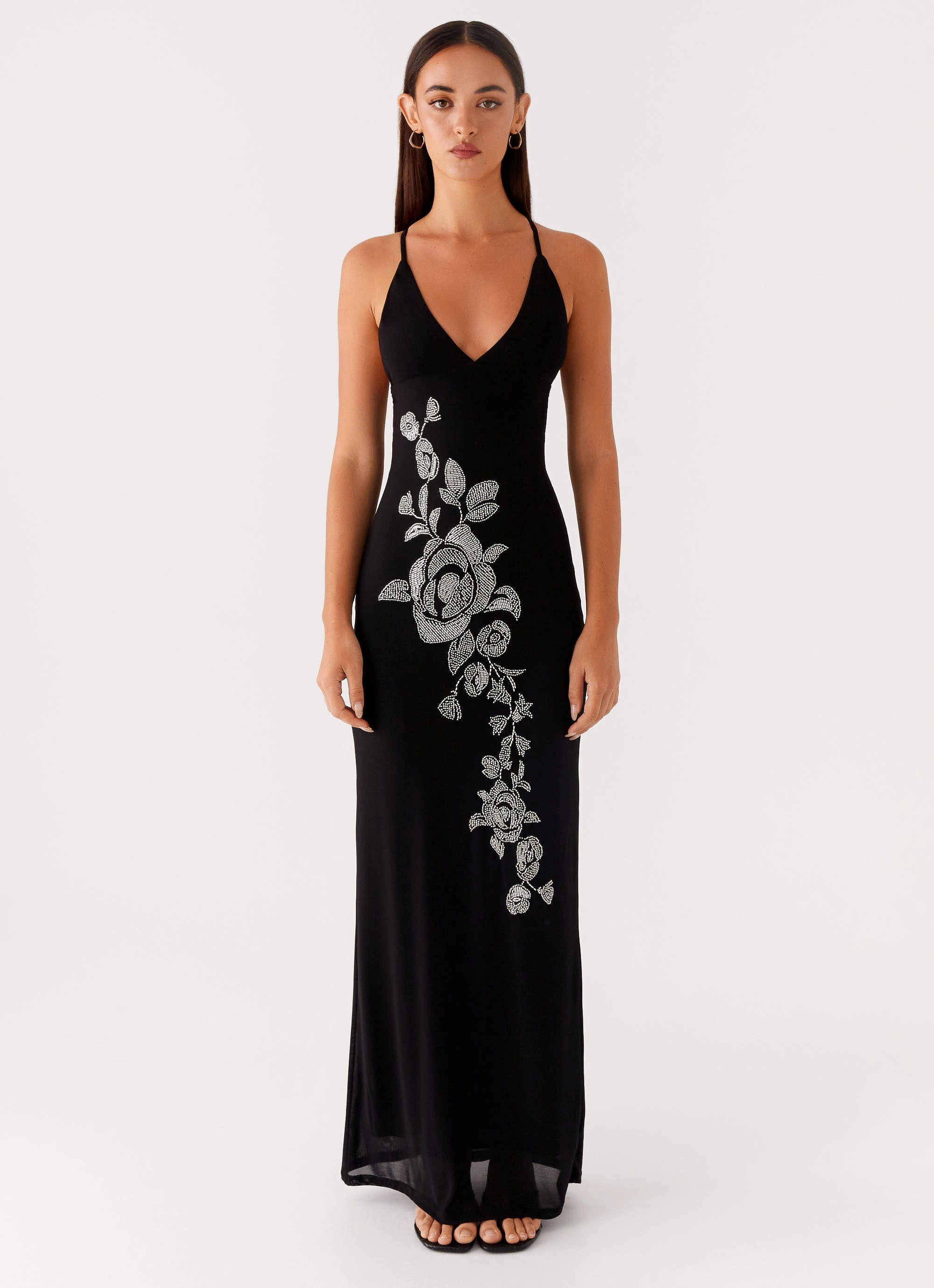 understated look Bright Bloom Beki Beaded Mesh Maxi Dress - Black