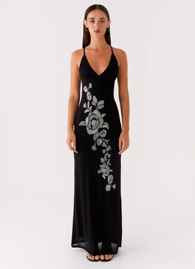 understated look Bright Bloom Beki Beaded Mesh Maxi Dress - Black