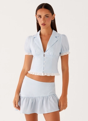Bennett Button Up Top - Blue White Stripe Two Tone Weave UV Protective Layer