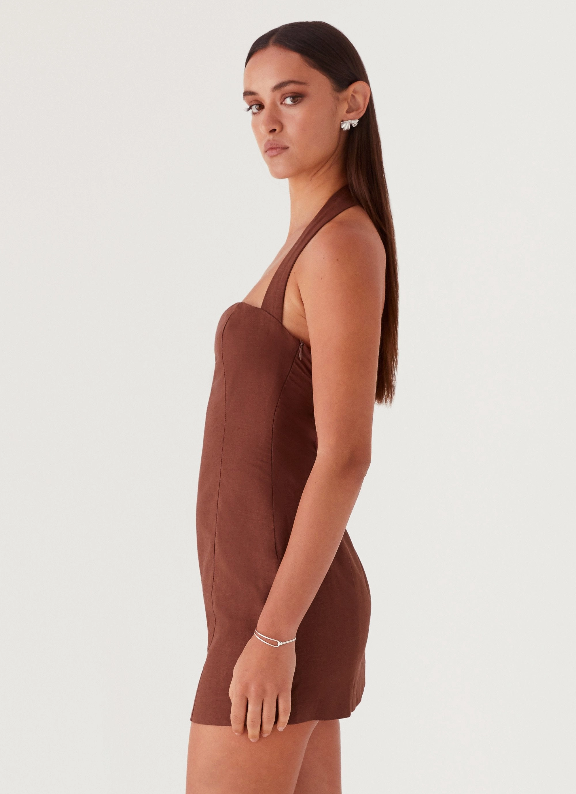 Elegant Fit Julianna Linen Mini Dress - Chocolate