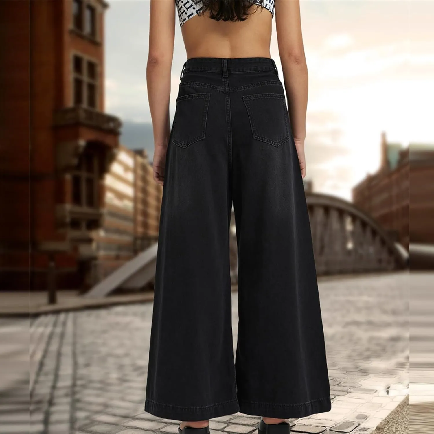 Bidobibo Womens Wide Leg Pants with Pockets Bootcut Denim Pants High Waisted Pants for Women Dressy Flare Denim Pants 2024