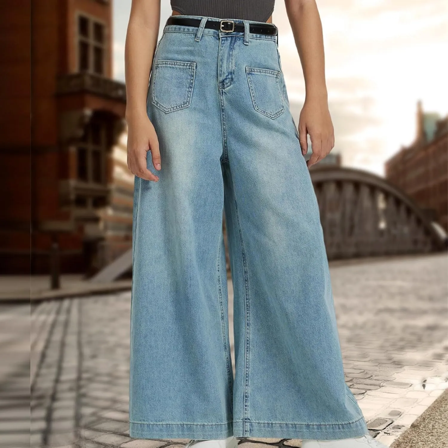Bidobibo Womens Wide Leg Pants with Pockets Bootcut Denim Pants High Waisted Pants for Women Dressy Flare Denim Pants 2024