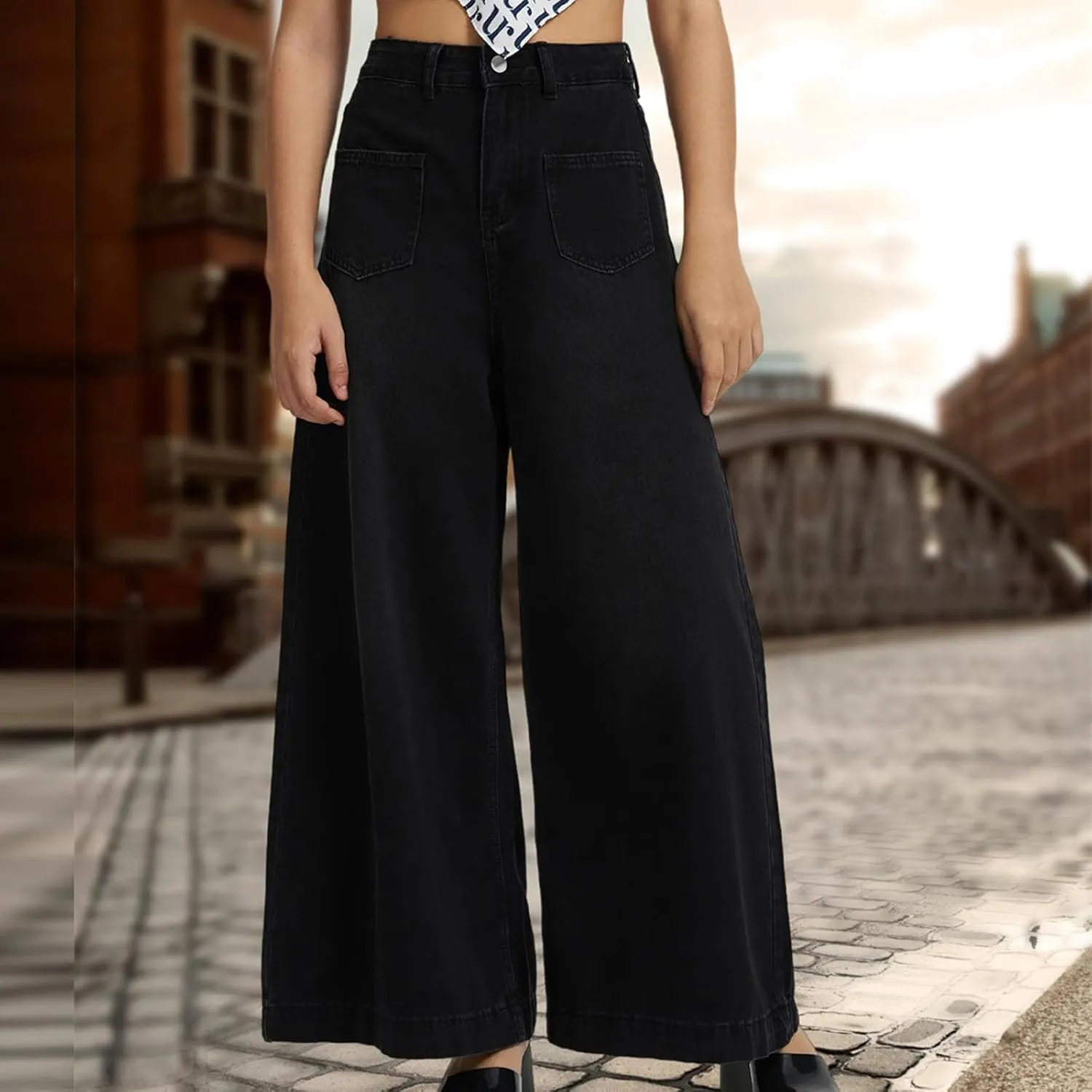 Bidobibo Womens Wide Leg Pants with Pockets Bootcut Denim Pants High Waisted Pants for Women Dressy Flare Denim Pants 2024