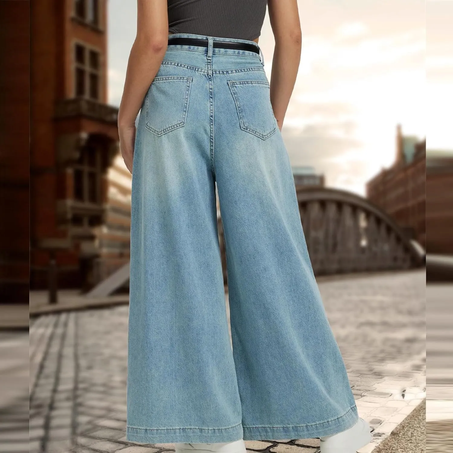 Bidobibo Womens Wide Leg Pants with Pockets Bootcut Denim Pants High Waisted Pants for Women Dressy Flare Denim Pants 2024