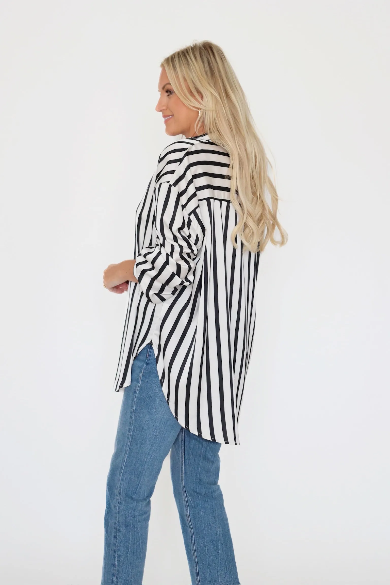 Maren Satin Button Down - Black Reflective Safety Trim preshrunk